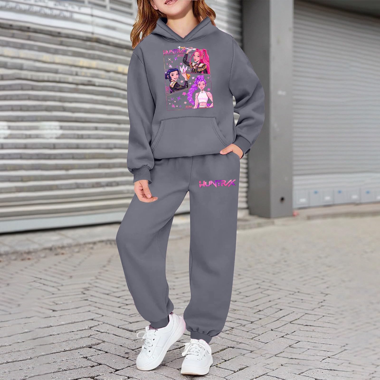 K-K-pop D-Demon H-Hunters 2 Piezas Unisex Niños K-pop Jogging Traje de Ocio Dos Piezas H-Huntrix H-Huntr/X Hip Hop con Estampado Anime Sudadera con Capucha Camiseta Manga Larga Niños Niñas Traje