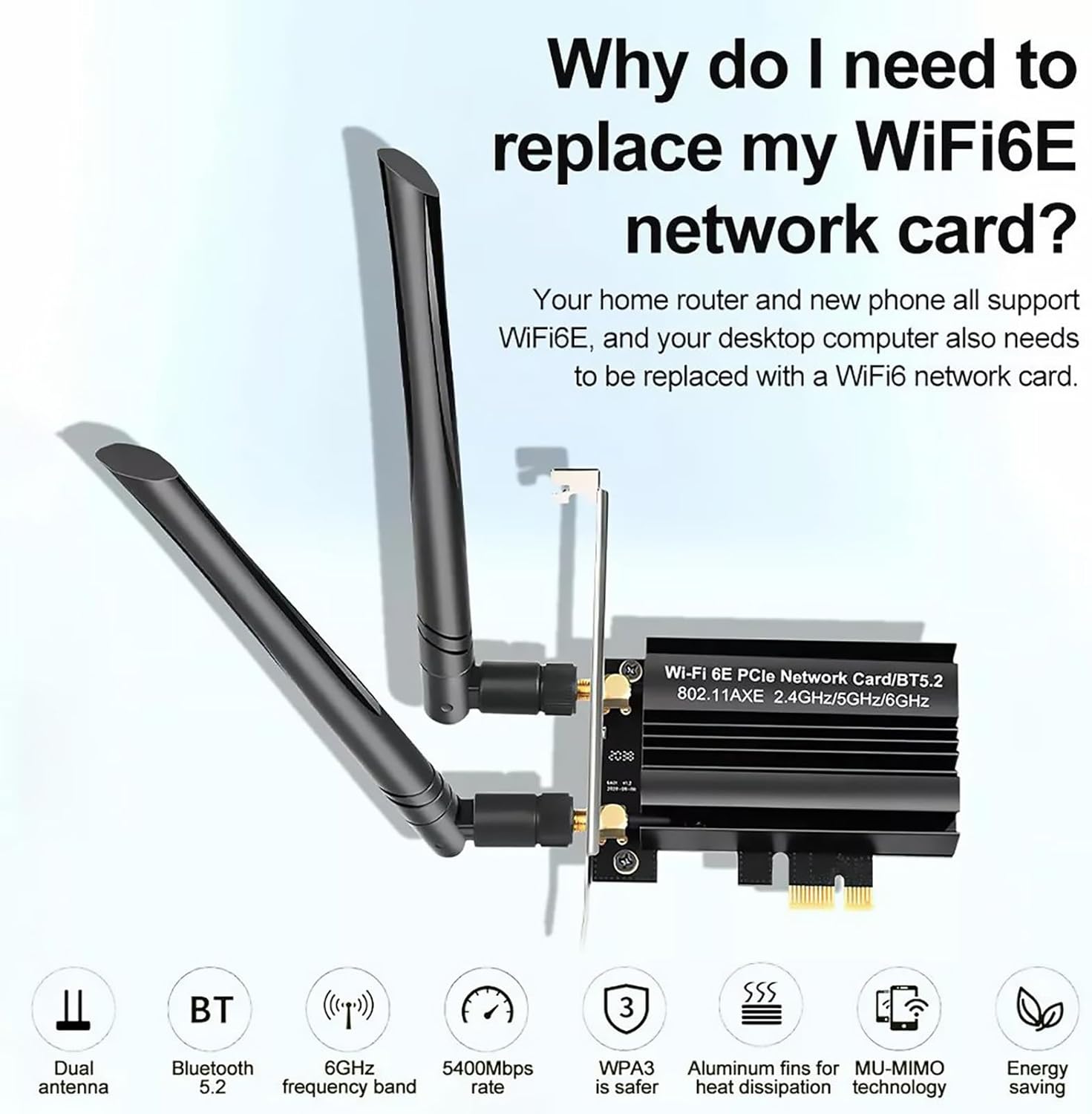 An infographic explaining the benefits of upgrading to a WiFi 6E network card, emphasizing compatibility with newer routers and devices.