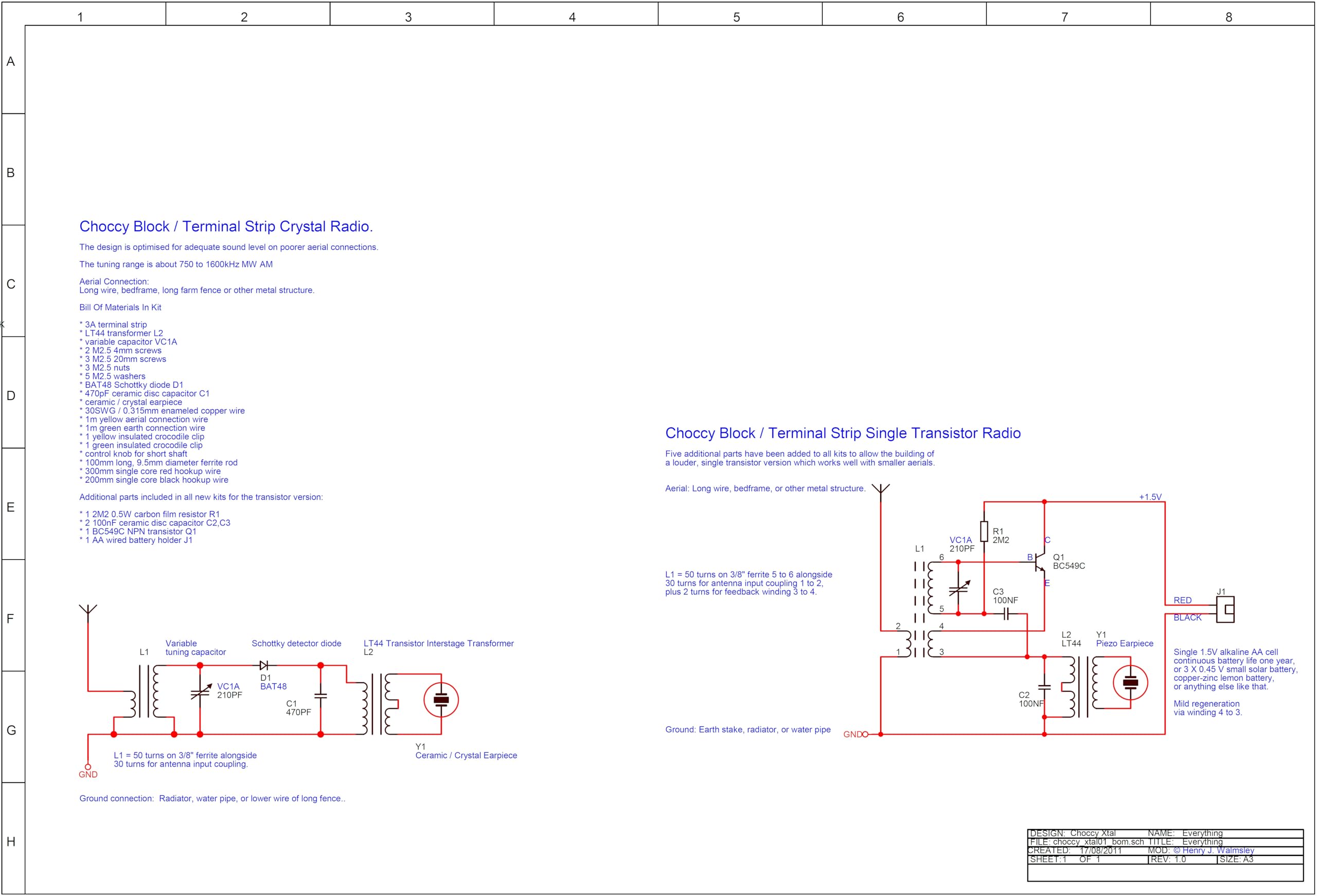 Crystal Set Radio Kit of Electronic Parts with Added Single Transistor Option