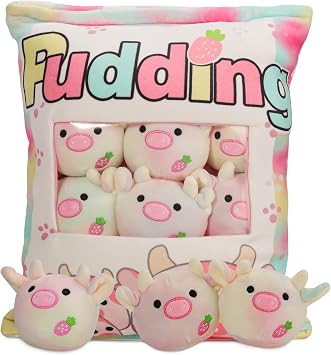 HXPLN Cute Snack Pillow, Kawaii Pudding Plush Pillow & Stufed Toys - Removable, Gift for Teenagers, Girls & Children 6 Colorful Cow