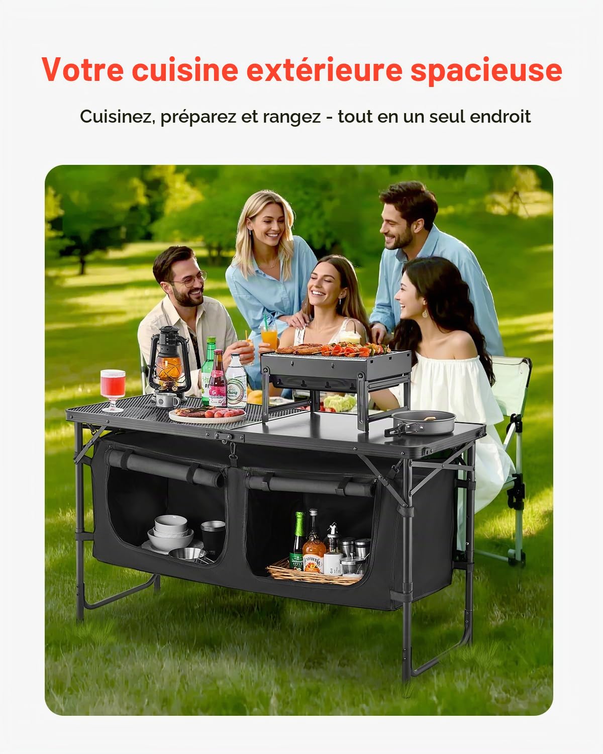 VEVOR Table de Cuisine de Camping, 3 hauteurs réglables, Table de Cuisson extérieur Pliante, Portable et légère, en Aluminium, avec Organisateur de Rangement, pour Barbecue, Pique-Nique, Voyage, Noir