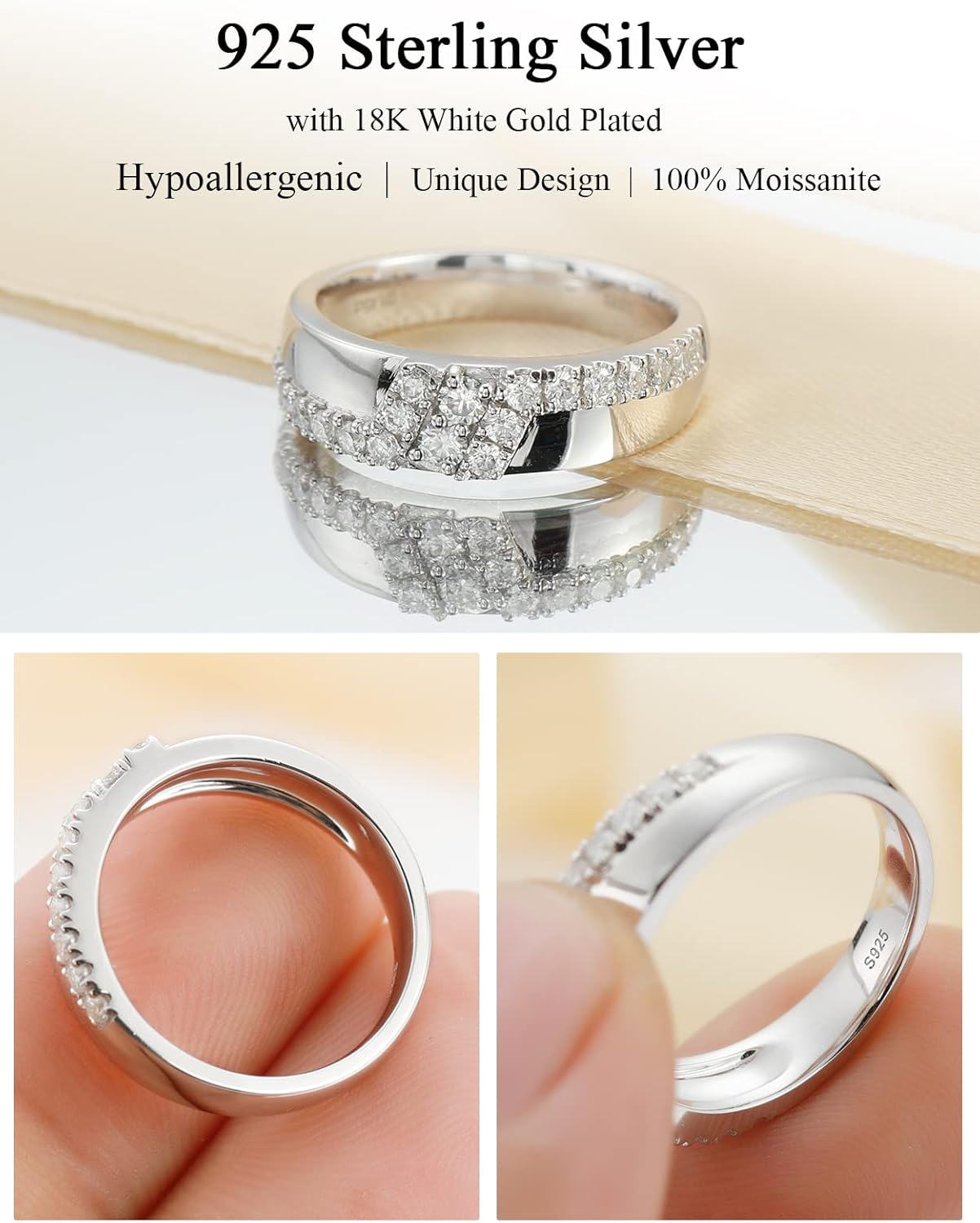 Round Cut Moissanite Wedding Ring Band For Women 18K White Gold Plated S925 Sterling Silver Modern Design Band Ring For Women