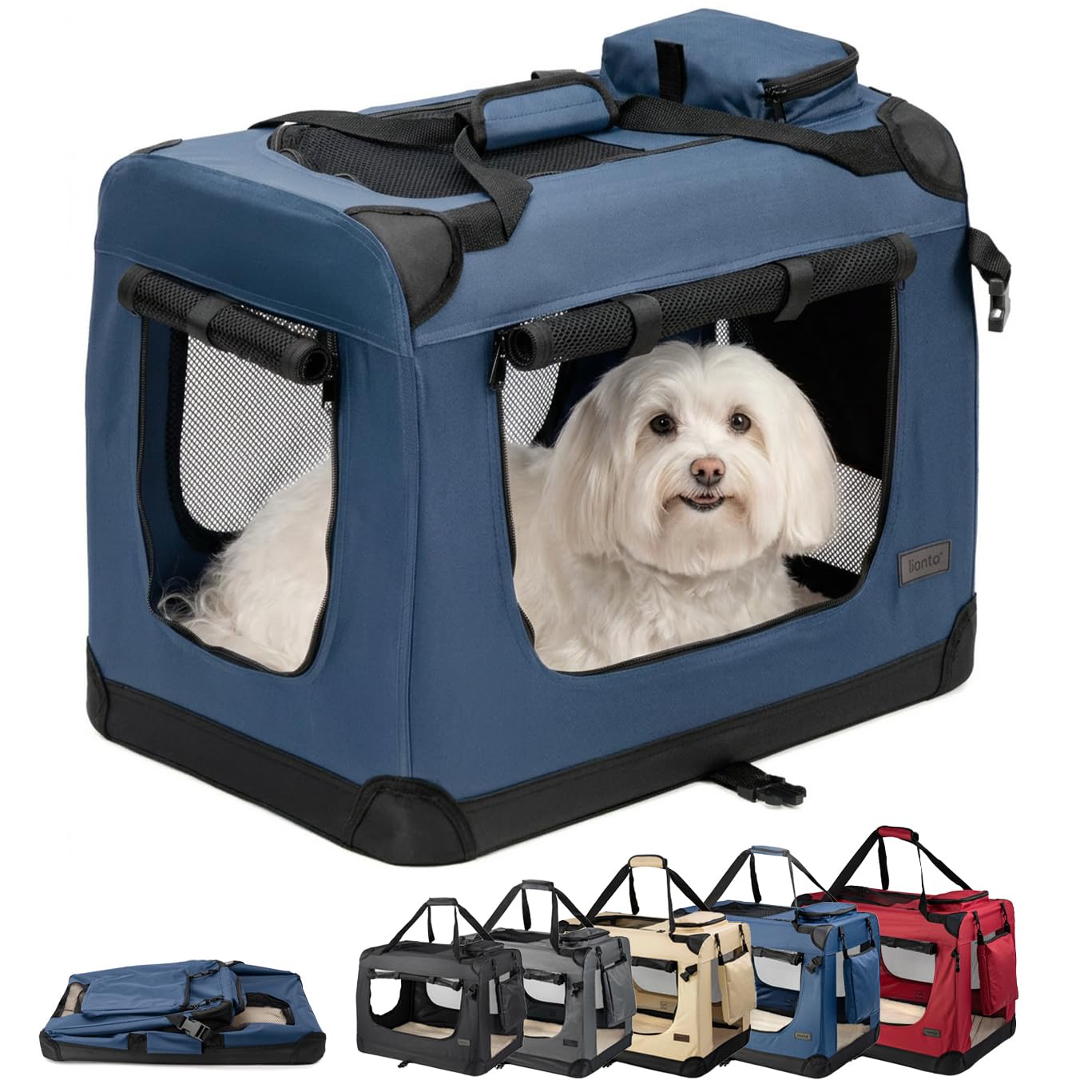 lionto Foldable Dog Crate for Travel and Car, 60 x 42 x 44 cm, Blue