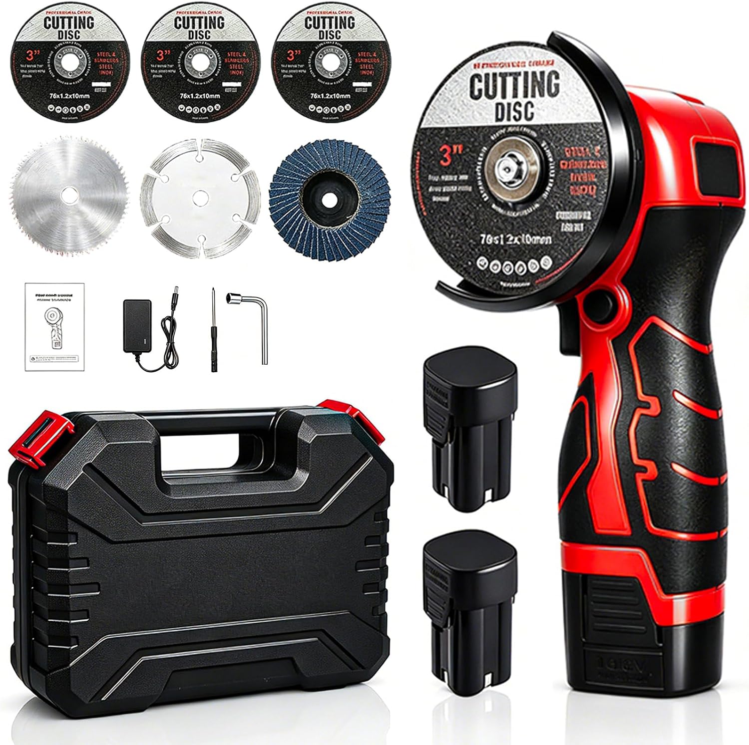 Cordless Angle Grinder Kit, 19500 RPM Mini Electric Angle Grinding Tool with 2 pcs 16.8V 2000mAh Batteries and 6 Cutting Discs, Handheld Power Tool for Metal Wood Tile Cutting