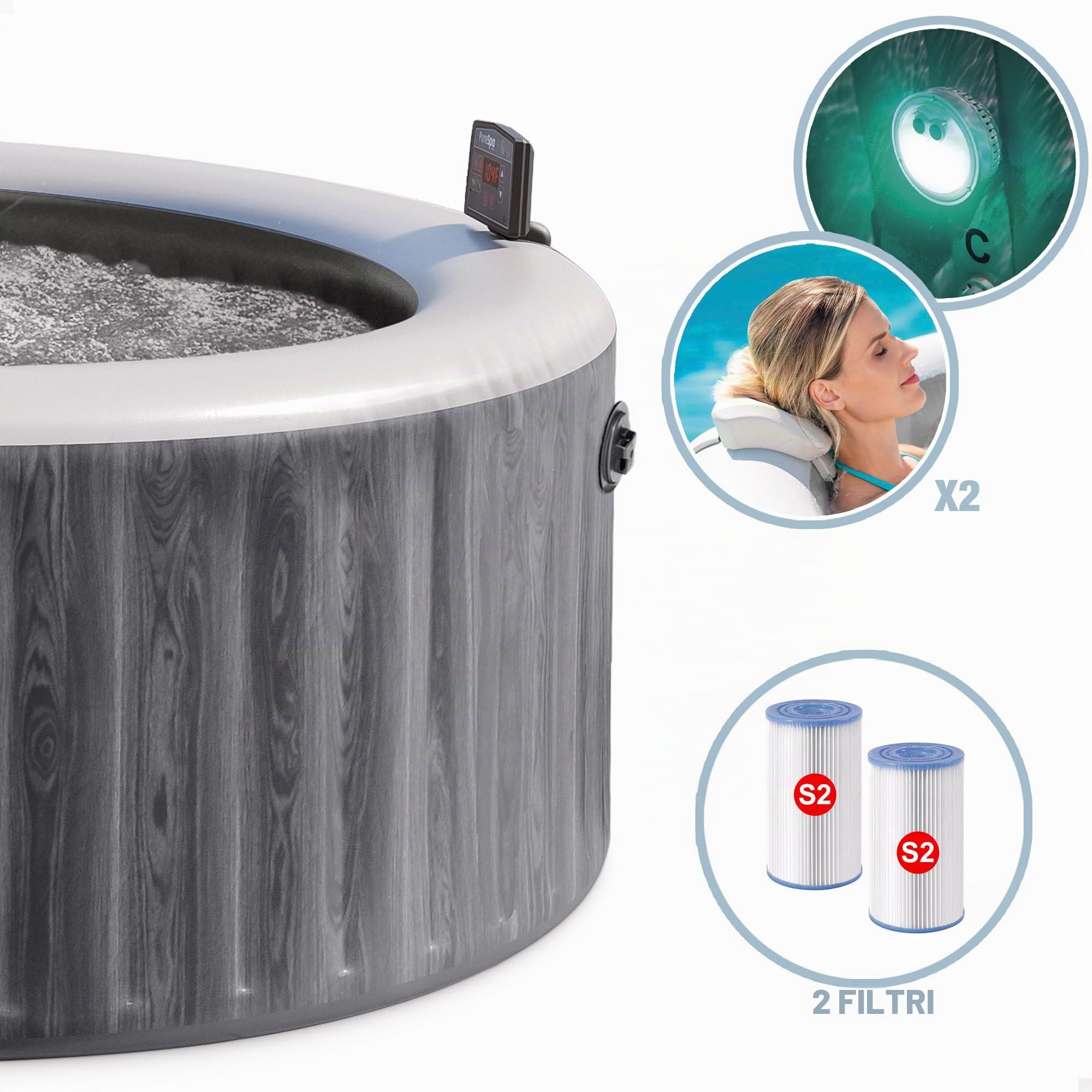 INTEX PureSpa Greywood Deluxe Whirlpool gonfiabile per 6 persone, 1098 l (216 x 71 cm), 170 getti massaggianti, sistema di riscaldamento da 2200 W, controllo app, sistema di addolcimento dell'acqua e