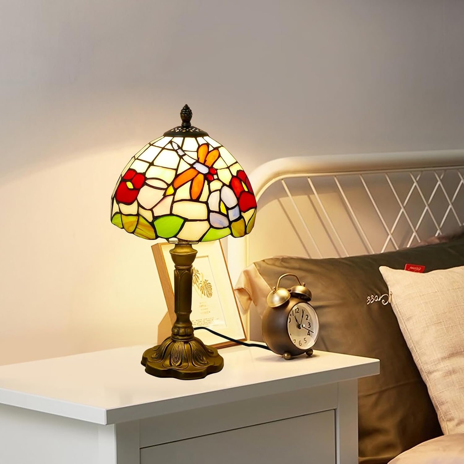 Tiffany Table Lamp Beautiful Dragonfly and Flower Style Lamp Handmade Stained Glass Desk Lamps Gifts Resin Base 14.2" Tall Vintage Reading Lamp for Office,Living Room, Bedroom, Study Room