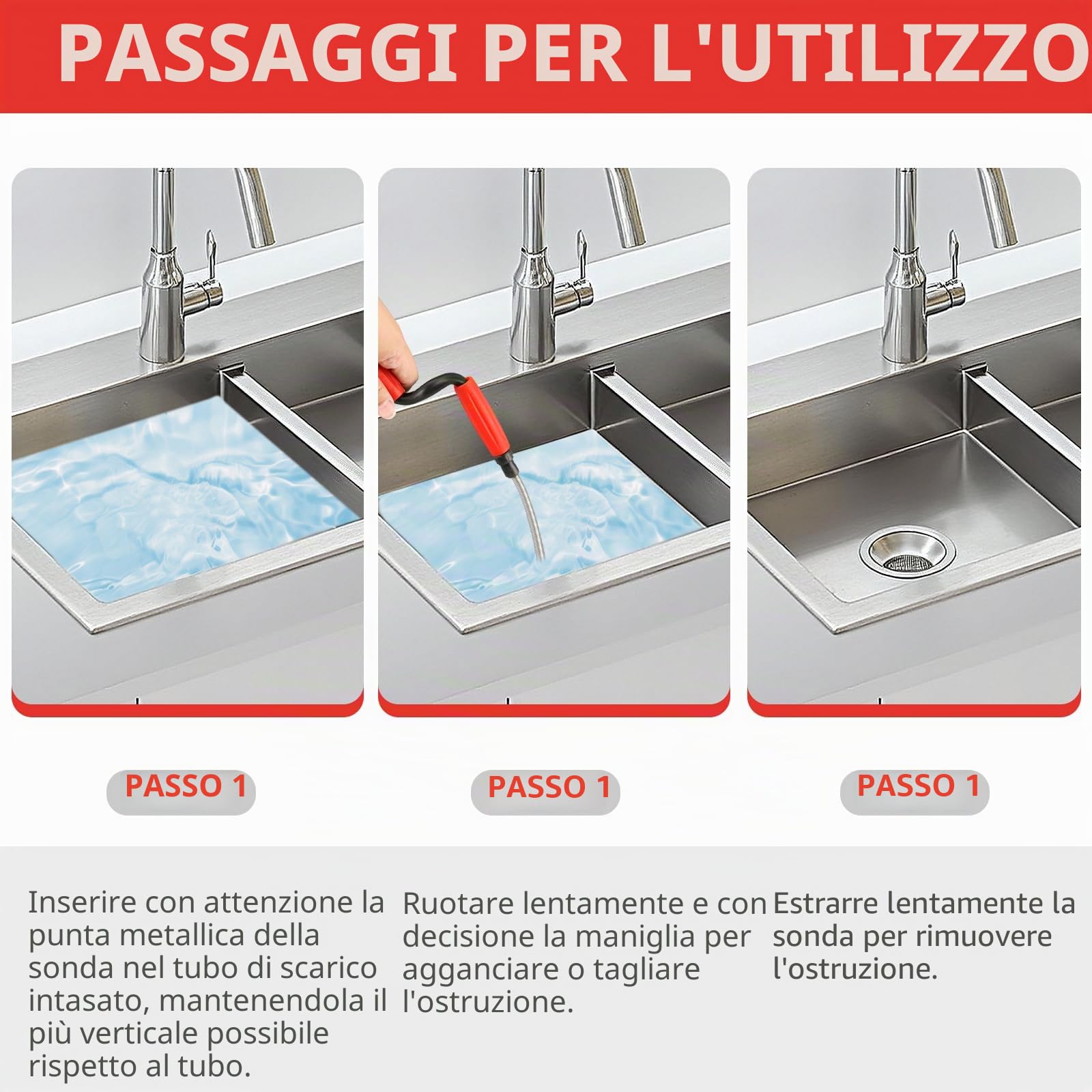 Sonda Sturatubi, Stura Lavandini E Scarichi 2,4 M X 6 MM, Fai Da Te,Molla Sturatubi,Scarico Lavandino Cucina,Scarico Lavandino Bagno,Per Blocchi Ostinati,Per La Pulizia Dei Tubi