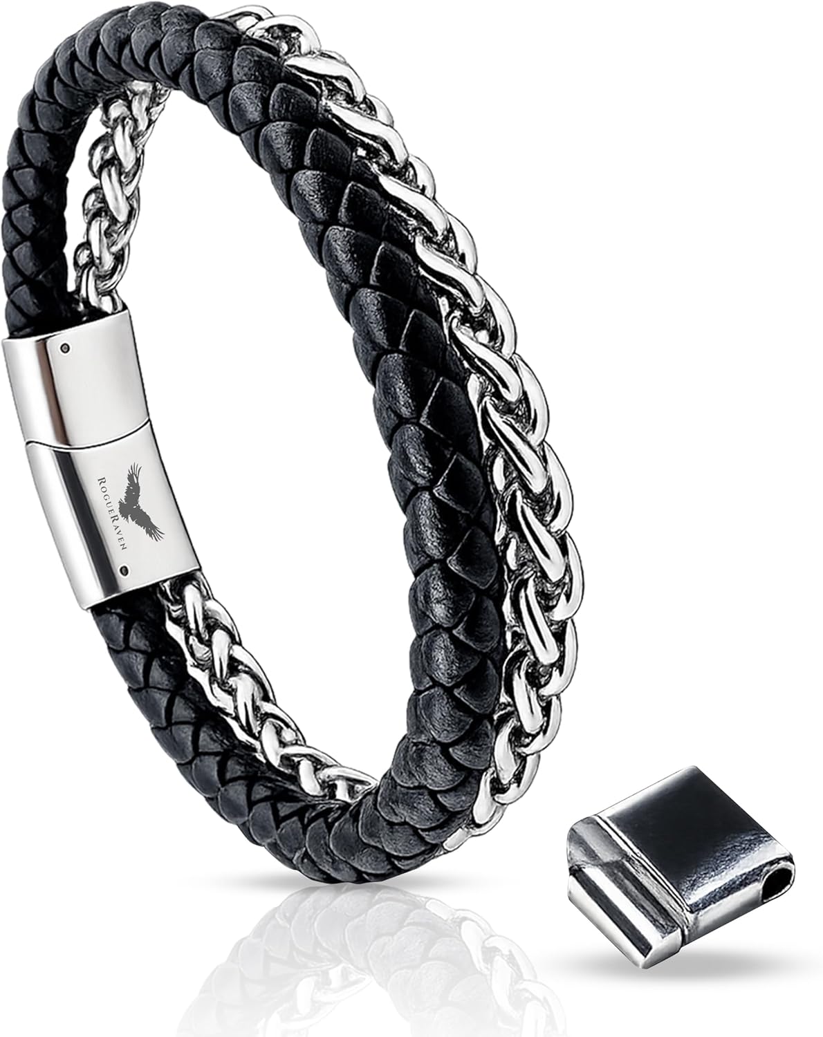 RogueRaven Premium I Black Leather Bracelet for Men | Genuine Braided Leather: Single, Double, Stacked & Stainless Steel Chain Designs| Genuine Leather Mens Bracelet with Stainless Steel Clasp [Adjustable] | Exclusive Jewelry Gift Box