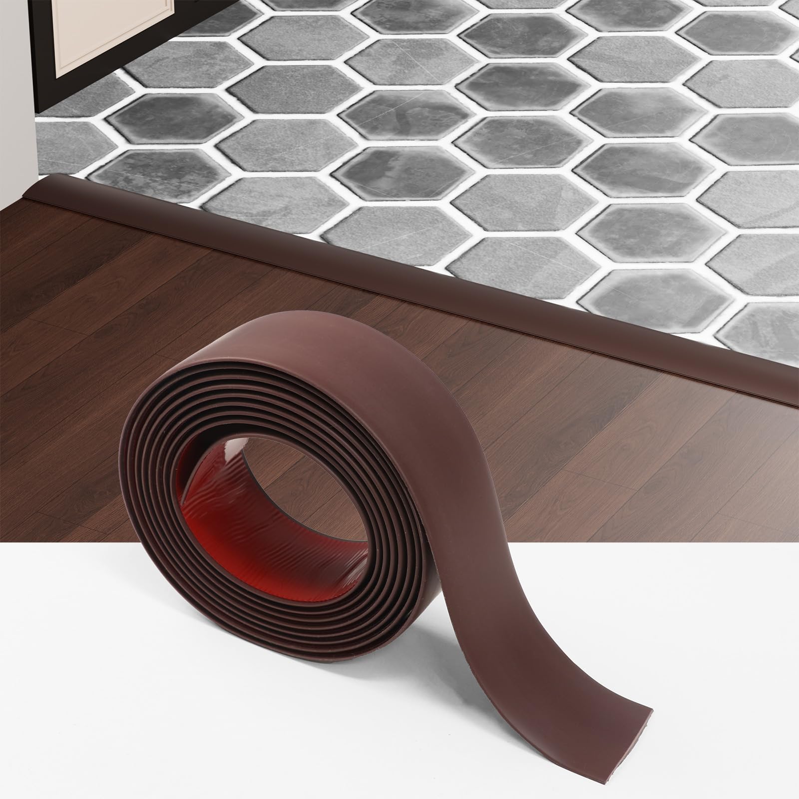 Greymond Floor Transition Strip - Self Adhesive Vinyl Flooring Trim for Carpet, Tile & Gaps, Threshold Cover Molding (4ft x 1.57in, Brown)