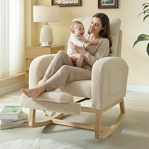 Miniatura 3 de NIOIIKIT Mecedora moderna para guardería, mecedora tapizada de peluche con reposapiés, cómoda reclinable con bolsillo lateral, deslizador mecedora