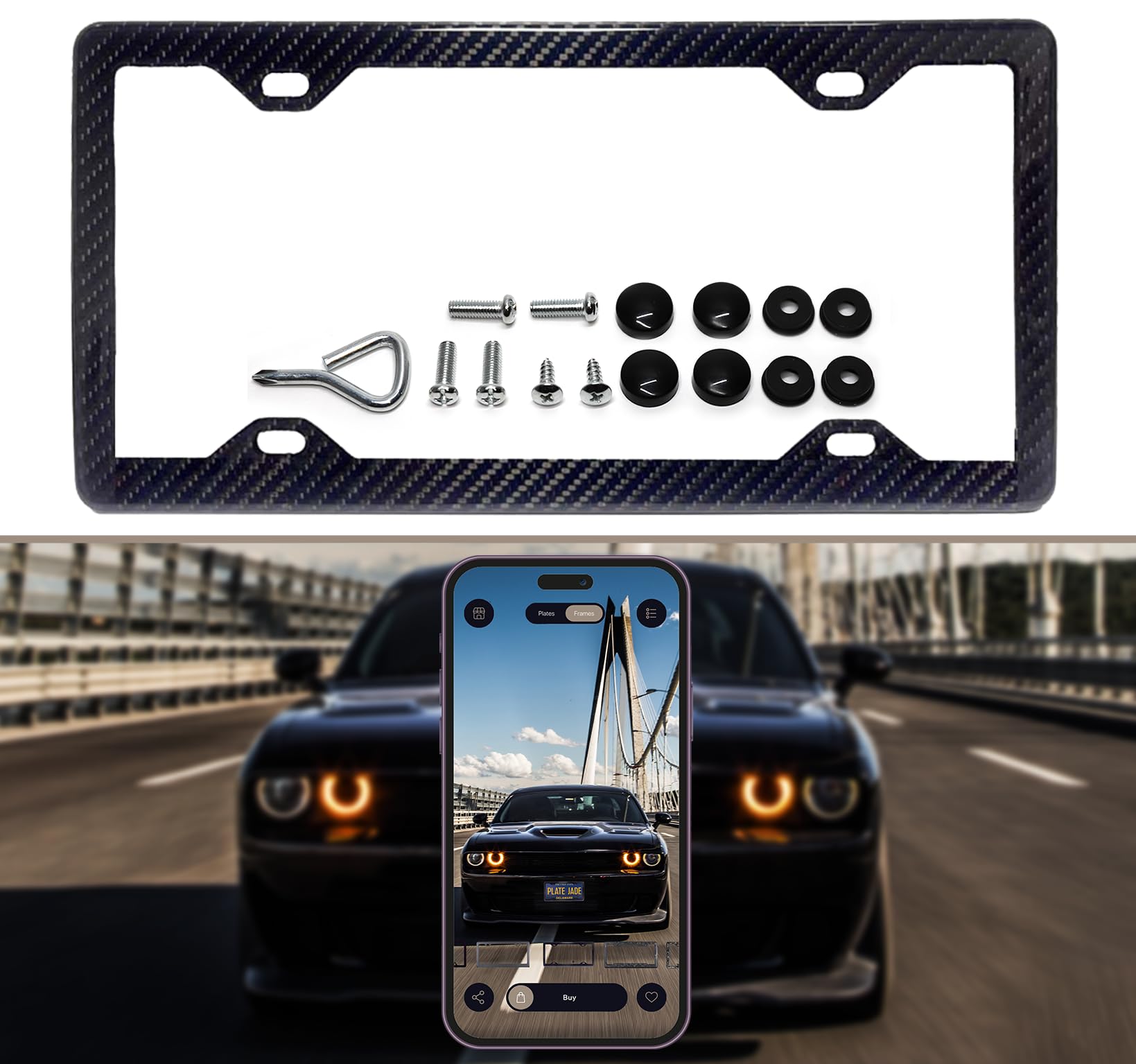 Plate Jade 100% Real 3k Twill Weave Carbon Fiber Car License Plate Frame with Slim 4 Holes & Black Screw Caps, Front Rear Universal Fit USA Canada