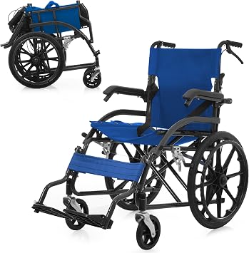 OSJ Wheelchair, Foldable, Self-propelled, Freestanding, Puncture Free Tire, Foldable, Storable, Ultra Lightweight, Compact, With Safety Belt, Back Pocket, For Outings, Nursing and Welfare Equipment