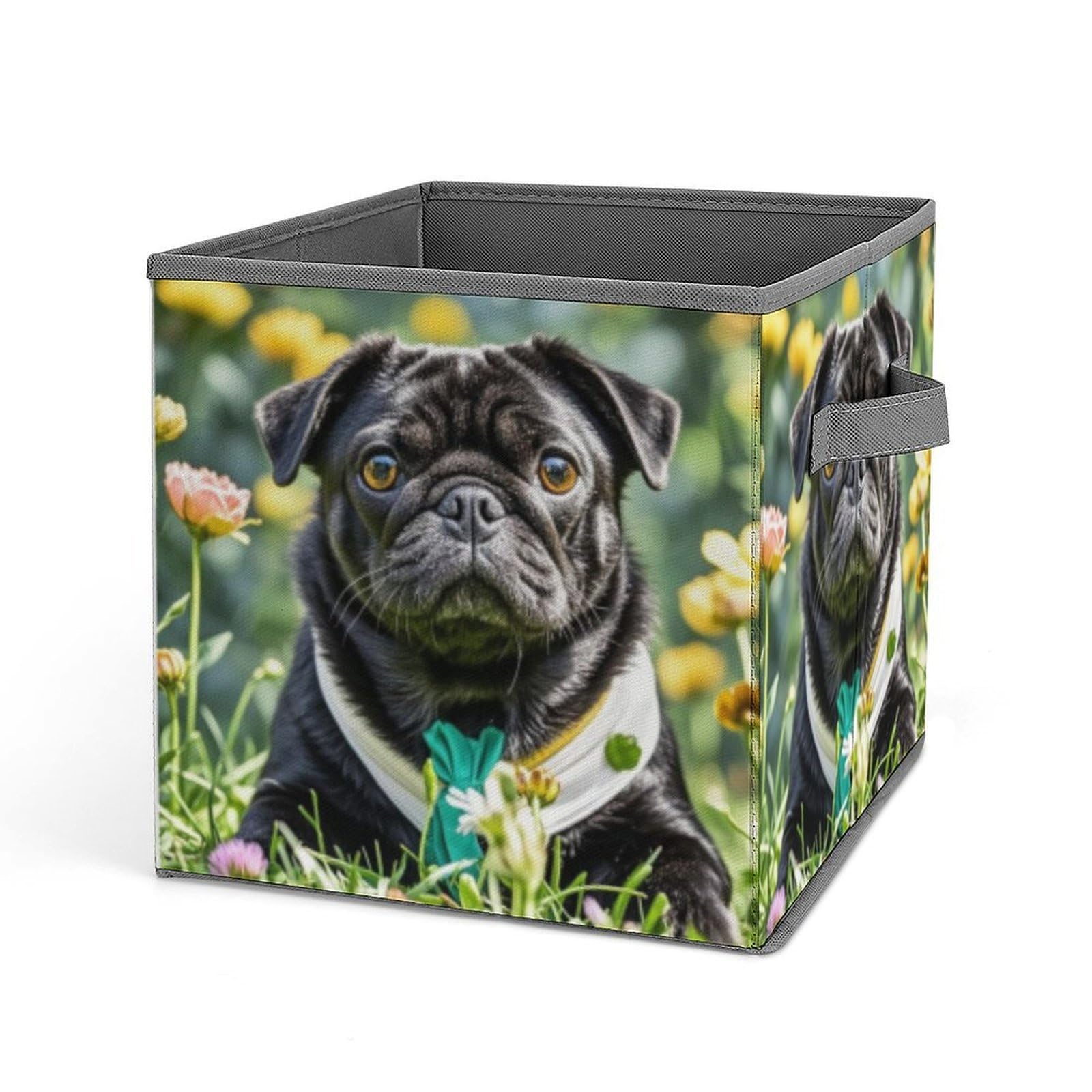 VstaDank Cute Black Pug Dog Storage Bin Collapsible Storage Cubes Organizer Oxford Cloth Storage Box with Dual Handles Large Stackable Closet Storage Bins for Sheets Hat Sweater