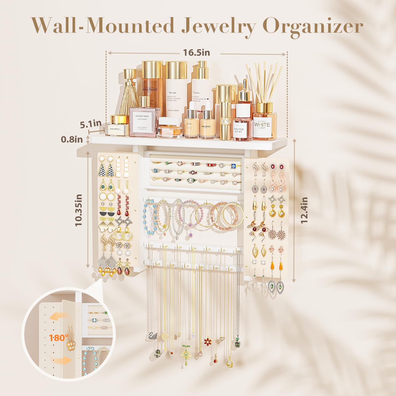 Hängender Schmuck Organizer, Wand Schmuck Organizer mit Holz Regal, Große Kapazität Schmuckständer Aufbewahrung & Display für Halsketten Armband Ohrringe Ring (Weiß)