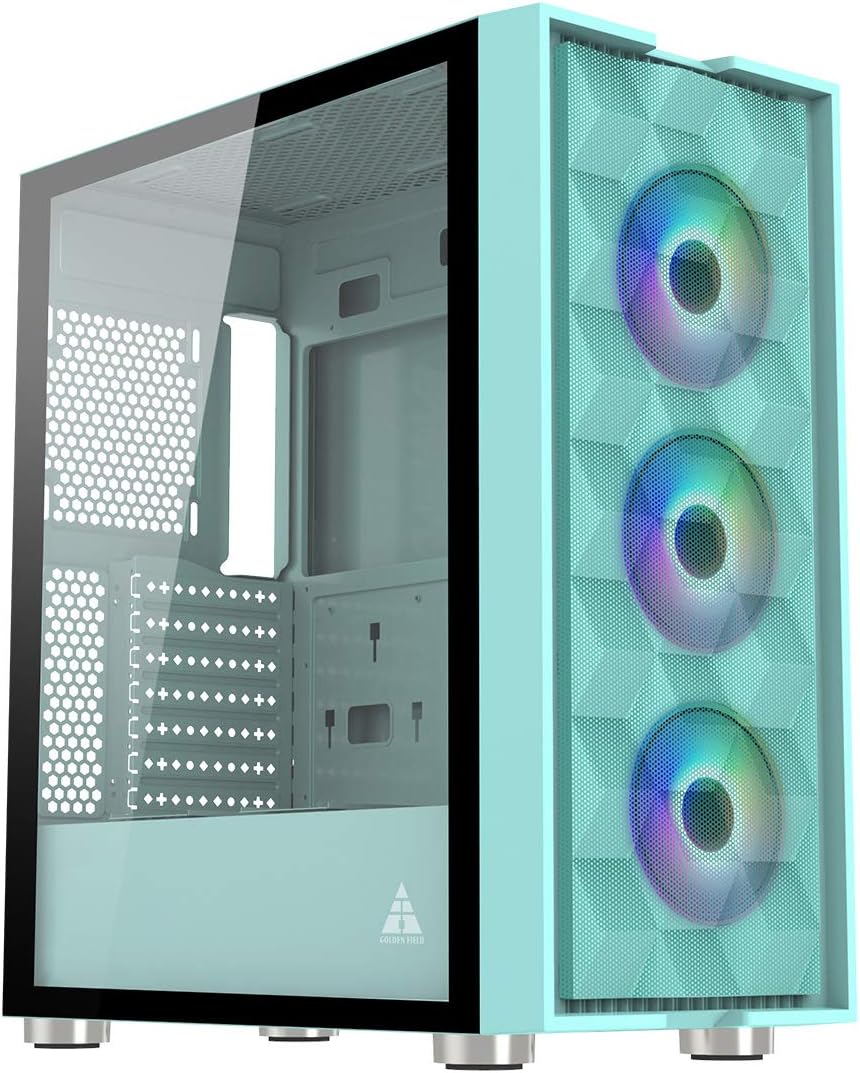 GOLDEN FIELD MAGE-U Mint Green Computer Case Gaming PC ATX/MATX/ITX Case Mid Tower with 3 Colorful LED Fans Tempered Class Side Panel, Mesh Front Panel (Blue-Green)