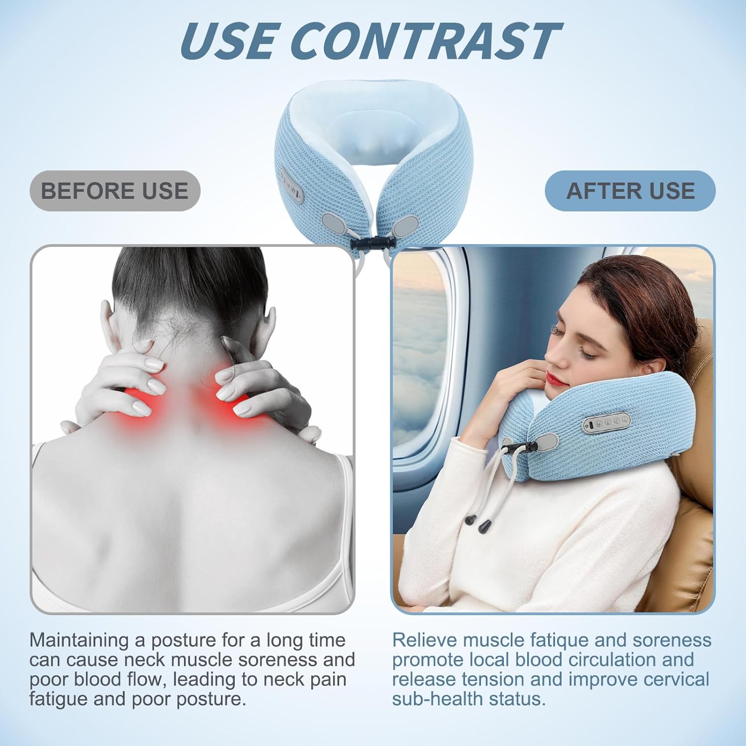 Electric Neck Massager,Portable Travel Pillow with Massage and Heat,Rechargeable Vibrating Neck Pillow Massager,Perfect for Pain Relief at Home, Office,Travel,Fathers Day Gift Ideas(Blue) - Image 6