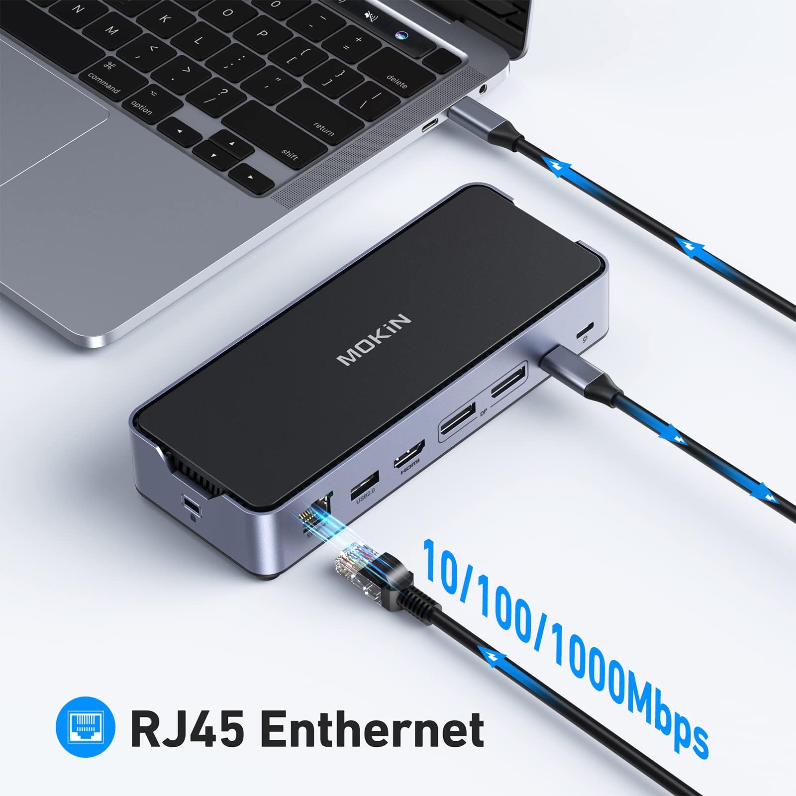 MOKiN - Docking station per laptop 8K USB C, 3 monitor con 2 DisplayPort, HDMI, 15 in 1, docking station USB C, 100 W, 6 porte USB, Ethernet, SD e TF, per Dell/HP/MacBook (include adattatore di