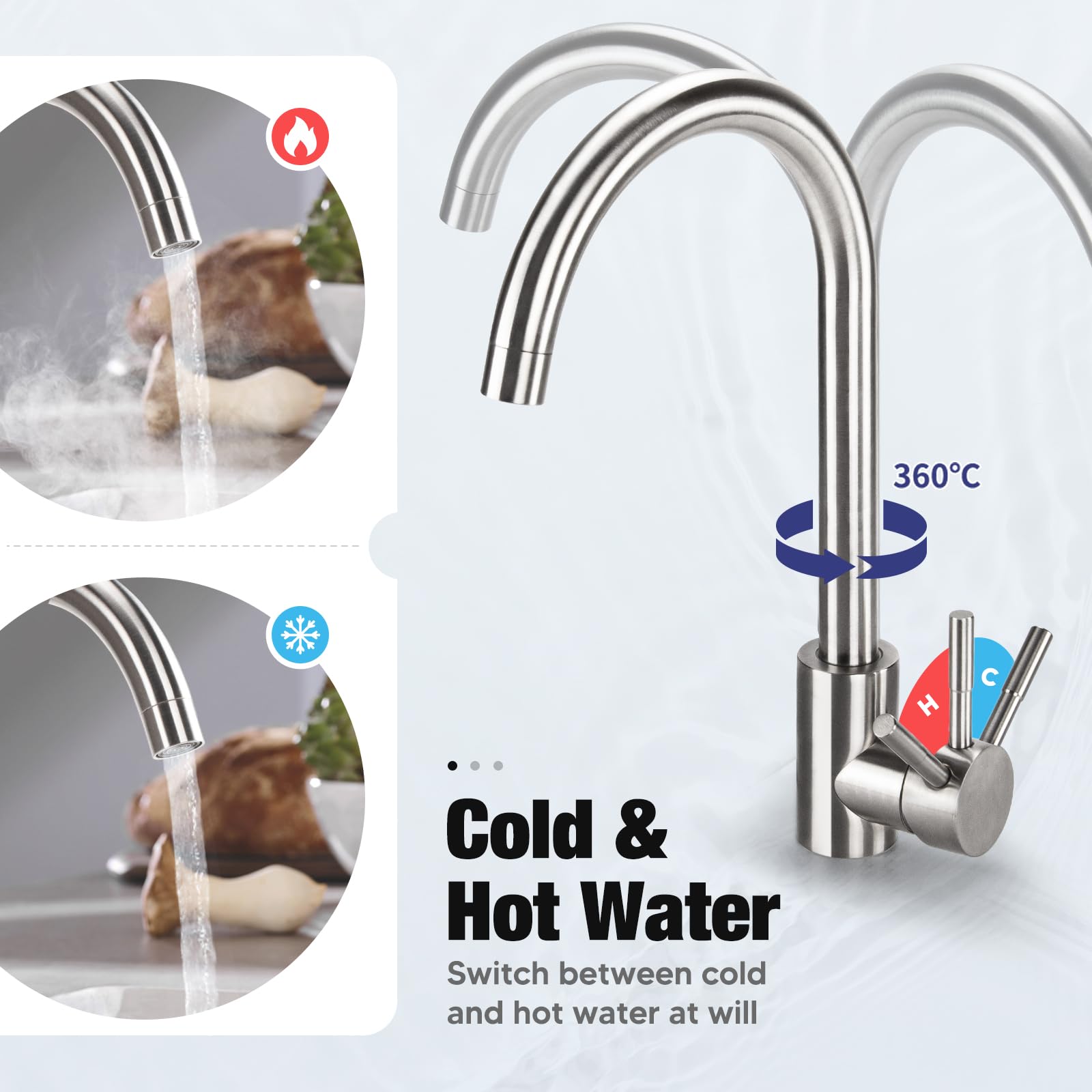 Grifos para fregadero Grifo de cocina de una sola palanca, Grifo de Cocina para Acero Inoxidable, giratorio 360, para Agua Caliente y Fría, En forma de C (Plata)