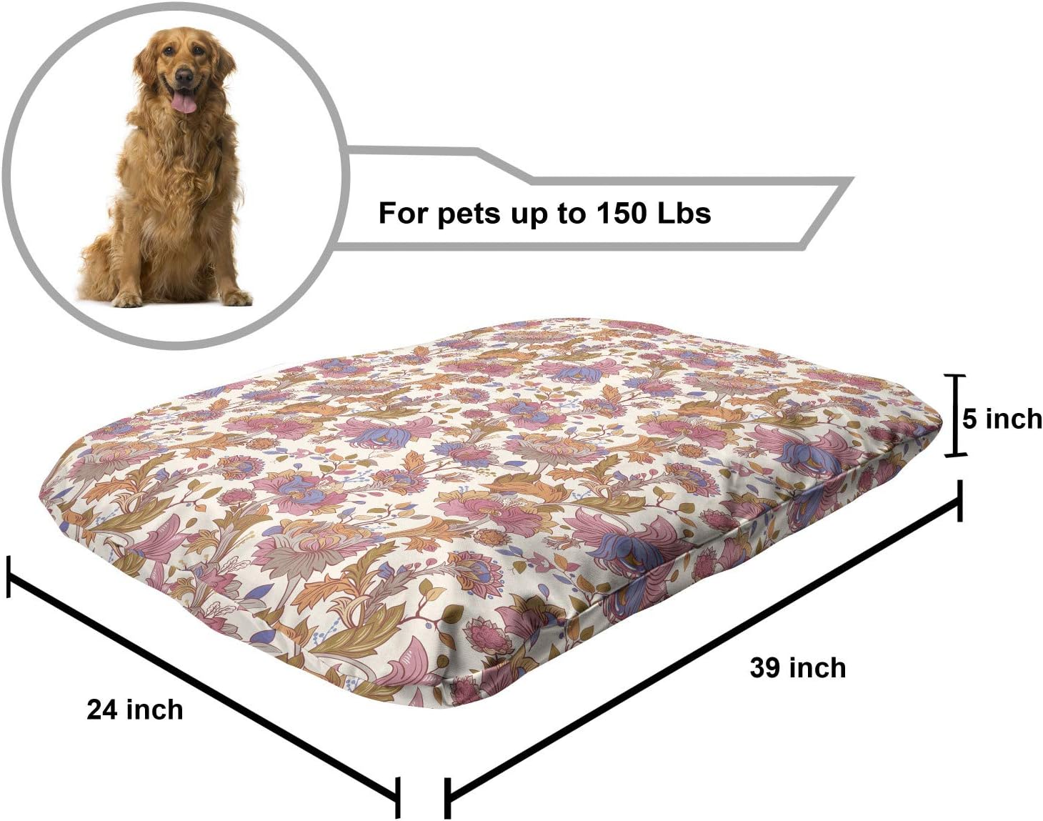 review Lunarable Botany Pet Bed, Peony Bouquets Pastel Soft Tones Feminine Spring Flowers Romantic Summer Season, Chew Resistant Pad for Dogs and Cats Cushion with Removable Cover, 24