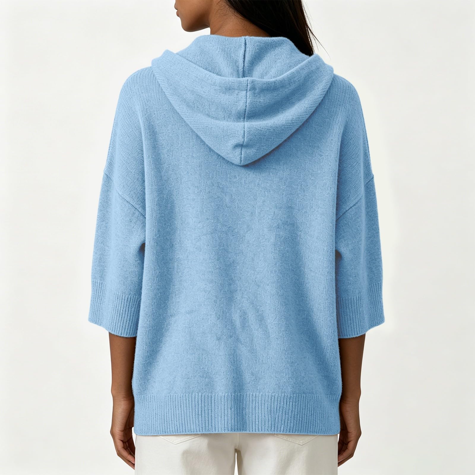 Generisch Hoodie Damen 3/4 Ärmel Strickhoodie Kapuzenpullover Sweatshirt locker Oversize Pullover Strickpullover mit Kapuze Herbst Winter Oberteil