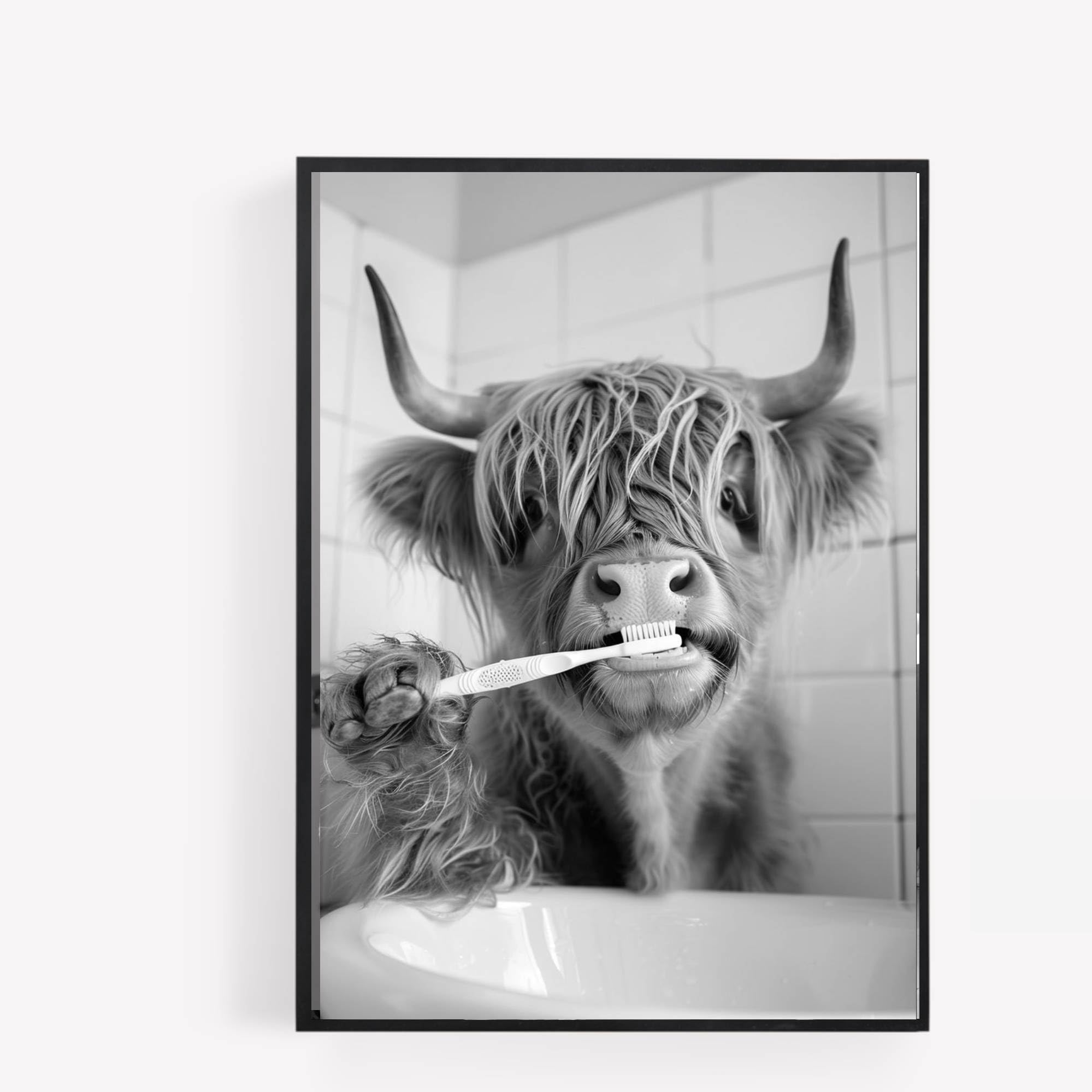 gfc FUNNY BATHROOM highland cow BRUSHING TEETH A4 UNFRAMED PRINT PICTURE wall art Home decor Decorating