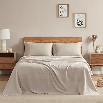 DAPU Pure Linen Sheets Set, 100% French Linen from Normandy, Breathable and Durable for Hot Sleepers, 4 Pcs Set - 1 Flat Sheet, 1 Fitted Sheet, 2 Pillowcases (Natural Linen, King)