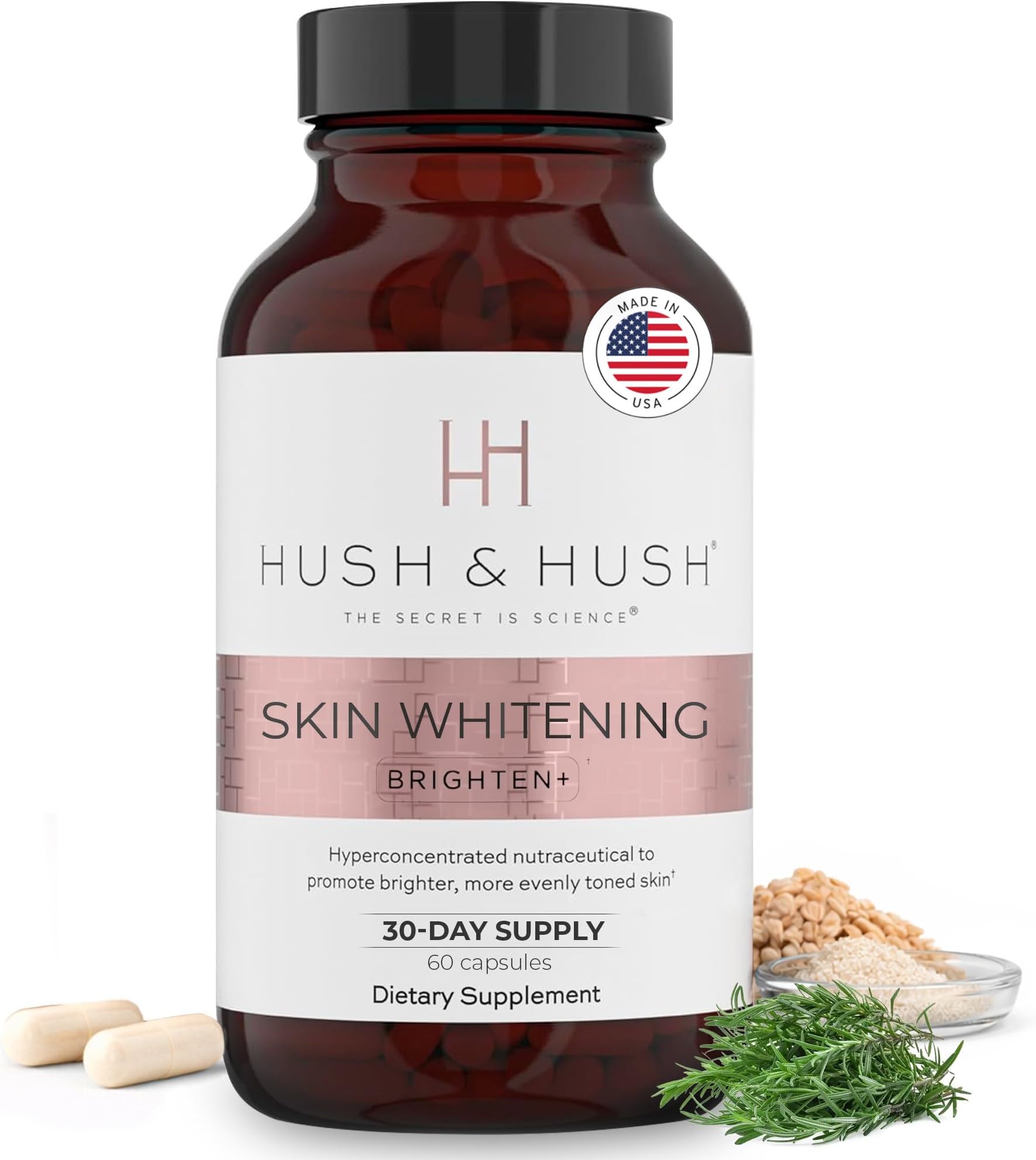 Hush & Hush Vitamin C Supplement for Skin Brightening – Clinically Proven, Antioxidant-Rich Formula to Reduce Dark Spots, Discoloration & Blue Light Damage – Vegan, Non-GMO, Gluten-Free – 60 Capsules