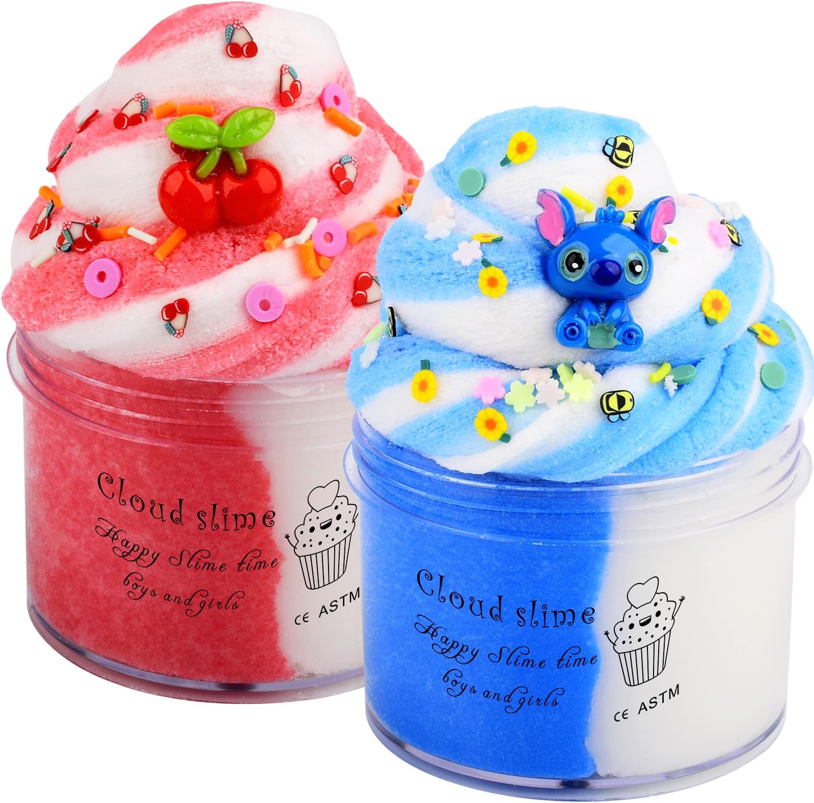 2 Pack Fluffy Cloud Slime Kit with Blue and Cherry Cute Charms, Super Soft and Non-Sticky, Party Favors Stress Relief Slime Toys for Girls Boys