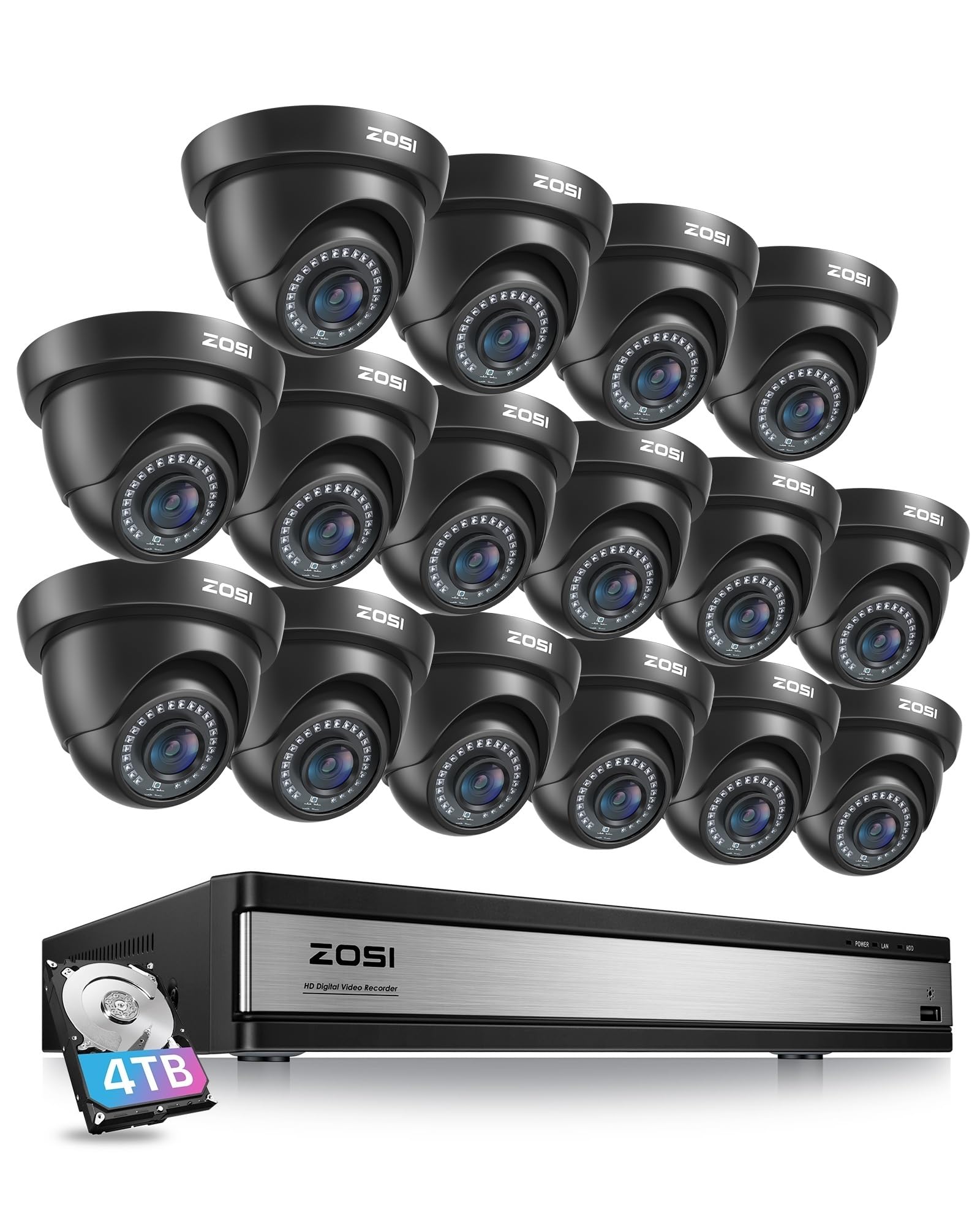 ZOSI 1080p CCTV Kit Cámaras de Vigilancia 16CH H.265+ Grabador DVR y 4TB Disco Duro con 16pcs 2MP Cámara Seguridad Interior y Exterior, Visión Nocturna, Detección de Movimiento