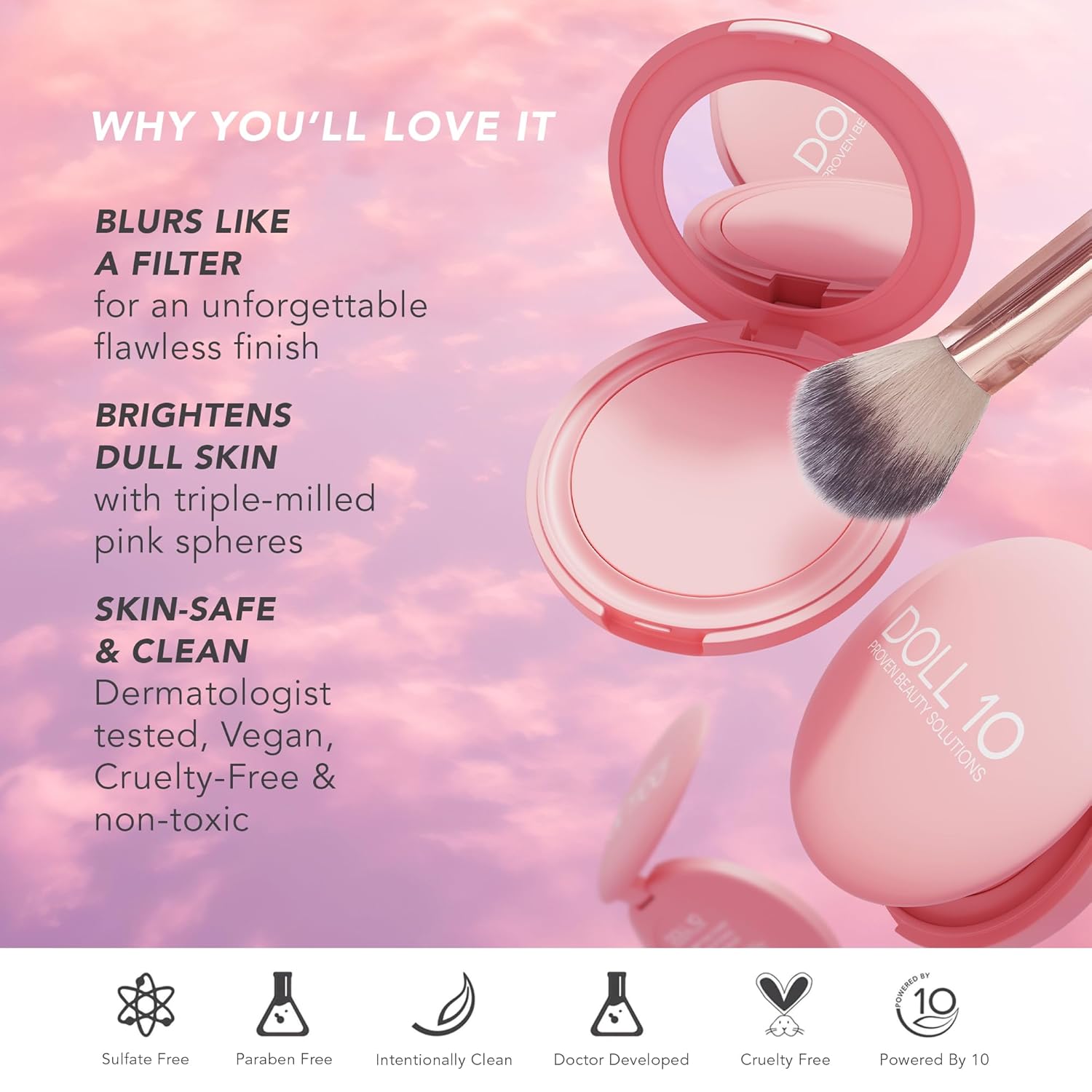 Doll 10 - Pink Power Pressed Setting Powder – Blurring Powder for Face – Brightening Powder – Compact Press Powder Makeup for Women – Vegan, Clean Beauty, Talc Free - Blurs Pores - 4 Month Supply