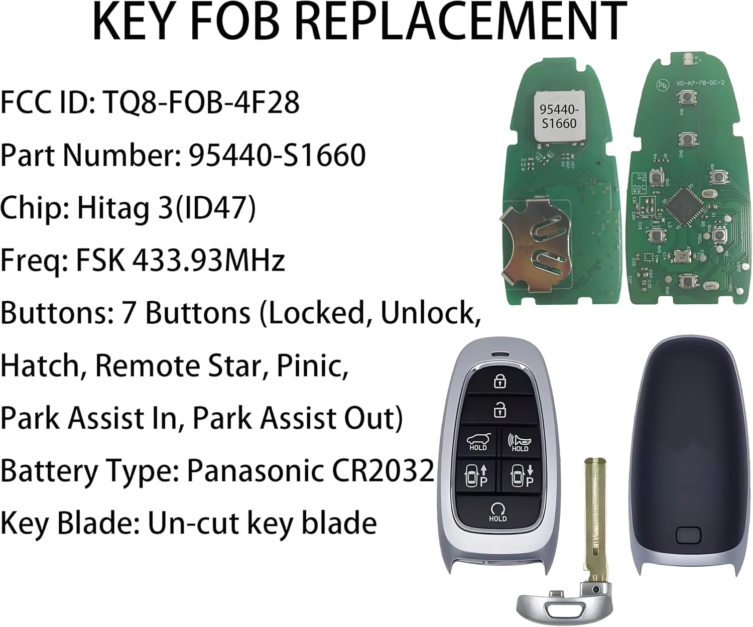 Smart Key for Hyundai Santa Fe 2021-2023, Alliskeys 7-Buttons Proximity Key Fob Replacement for Hyundai Santa Fe 2021 2022 2023 TQ8-FOB-4F28 95440-S1660