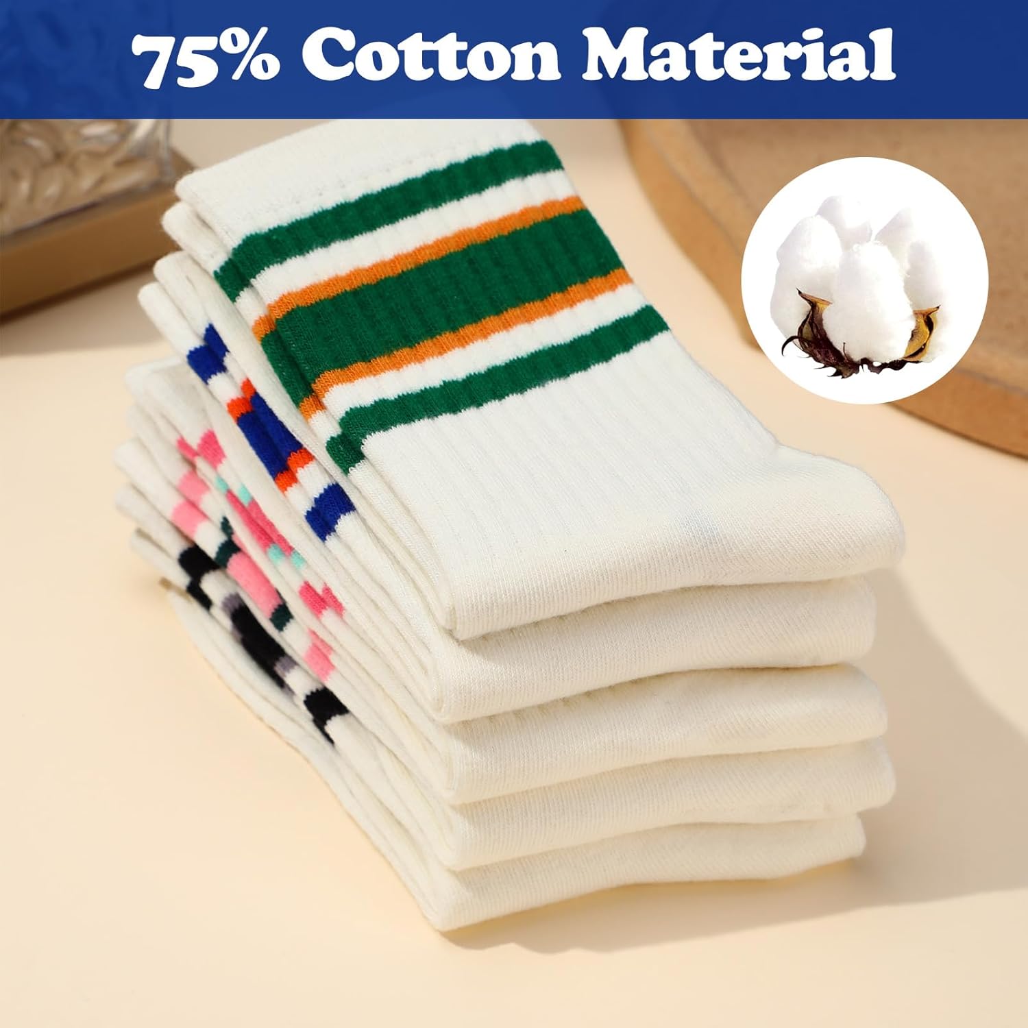 5 Pairs Retro Striped Crew Socks Athletic Cotton Breathable Socks for Women - Image 5