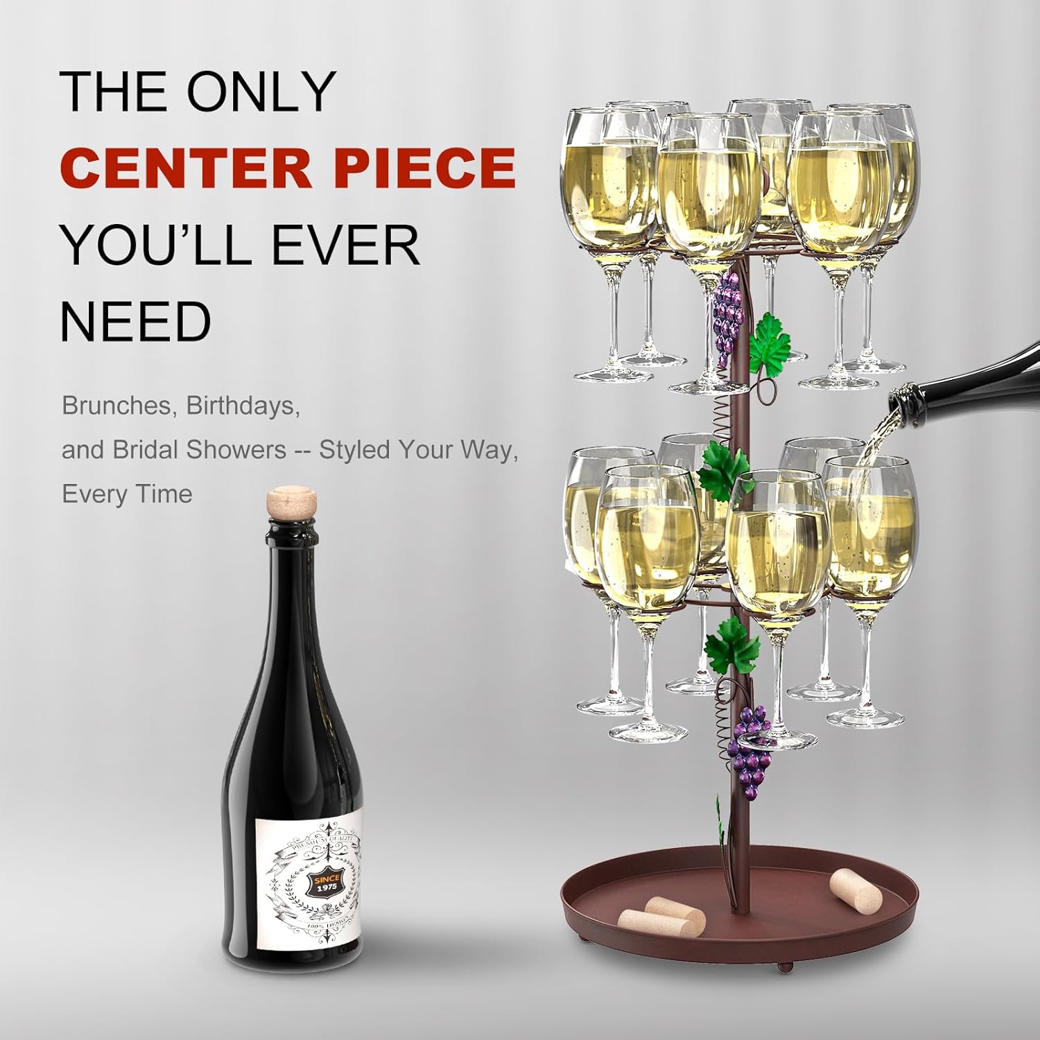 Freestanding Wine Rack with Glass Holder, Countertop Champagne Bottle & Hanging Wine Glass Holder Stand, Tabletop Stemware Storage Rack with 6 Hooks for Kitchen, Dining Table, Bar Display