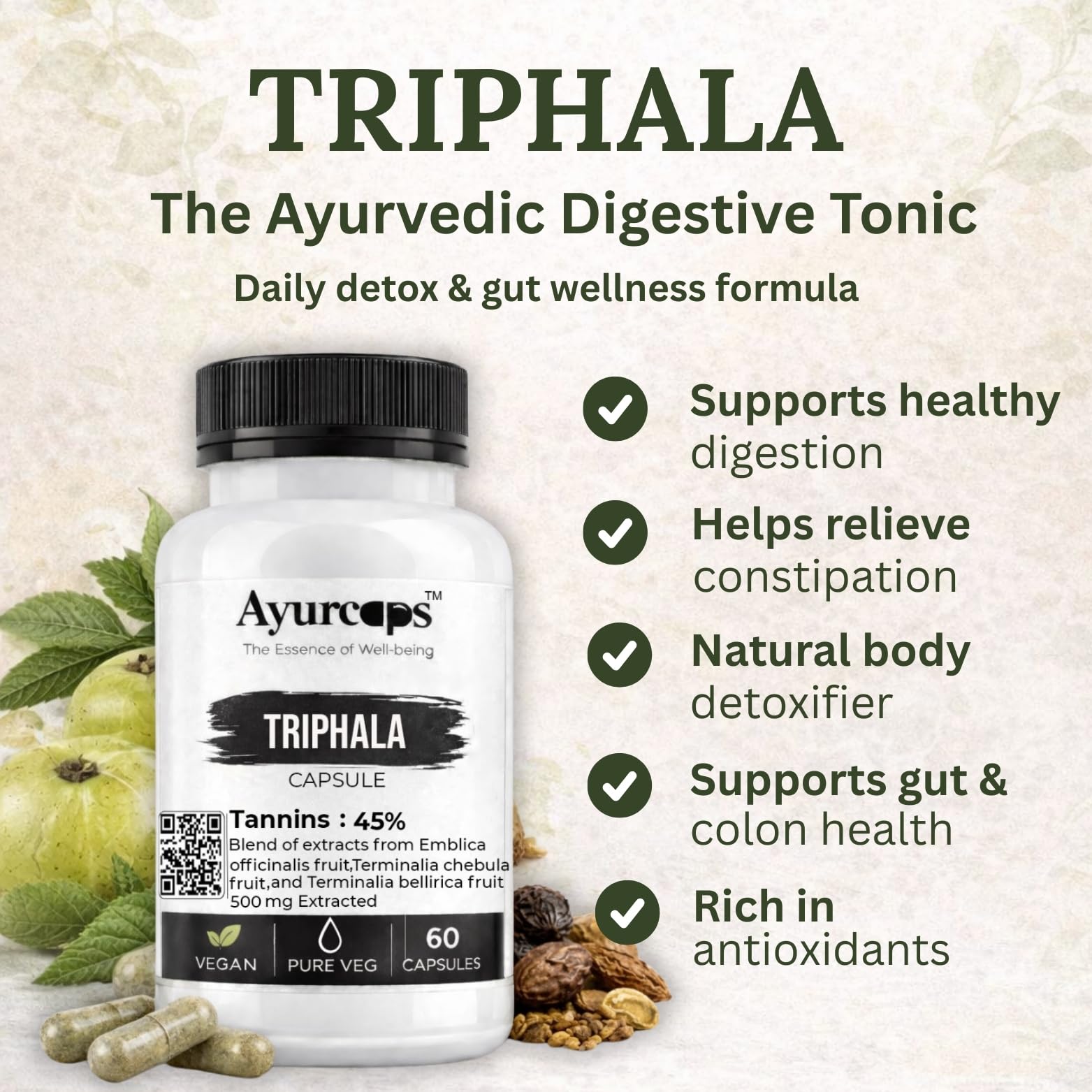 Triphala Capsules 500mg (60 Veg Capsules) | Ayurvedic Digestive Supplement With Amla, Haritaki And Baheda | Supports Gut Health And Antioxidant Herbal Formula — Amazon image 2
