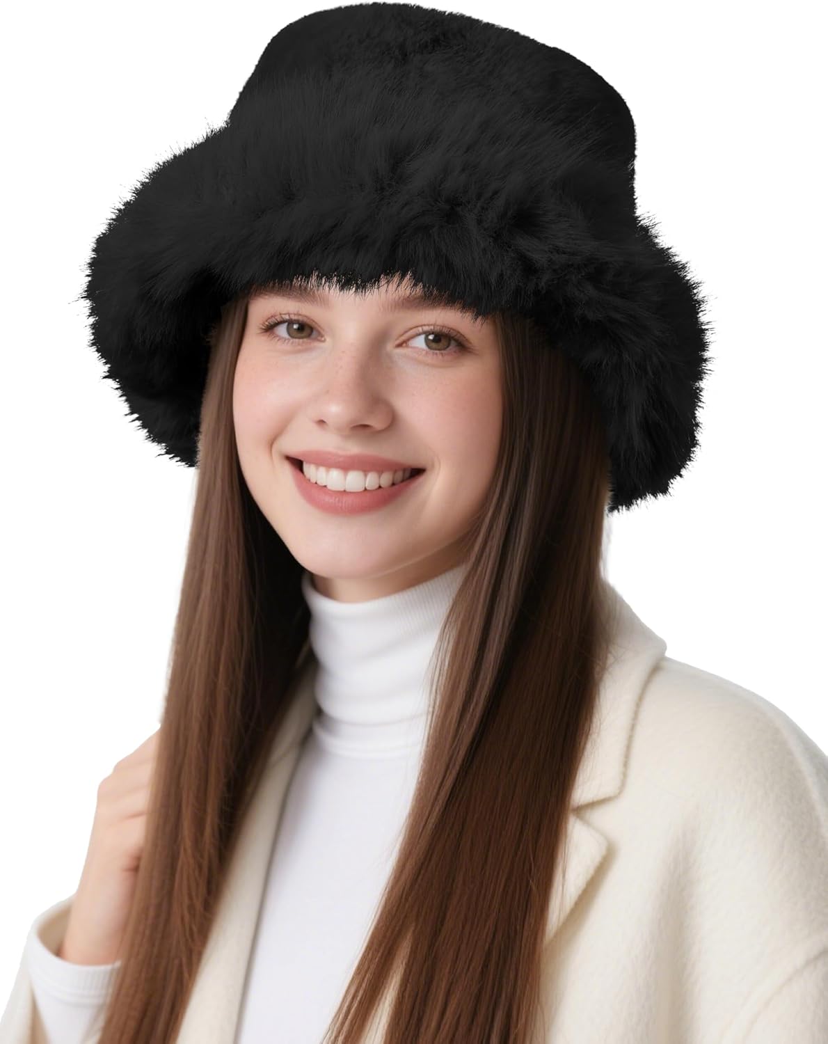 BFONS Fuzzy Bucket Hat for Women Russian Winter Wide Brim Fluffy Faux Fur Plush Warm Hats Cute Snow Fisherman Cap - Image 2