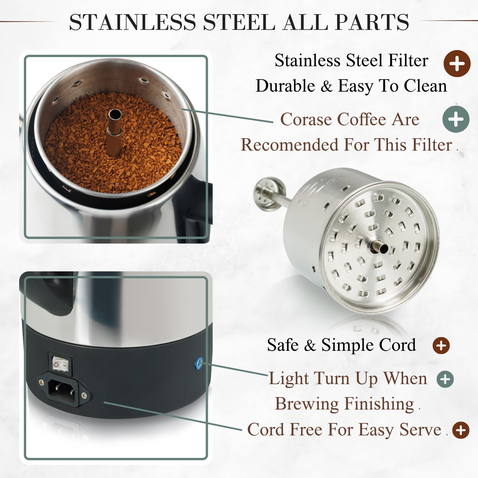 Moss & Stone Percolateur électrique 10 tasses, cafetière électrique en acier inoxydable, percolateur à café électrique avec fonction maintien au chaud, percolateur à 10 tasses en acier inoxydable avec