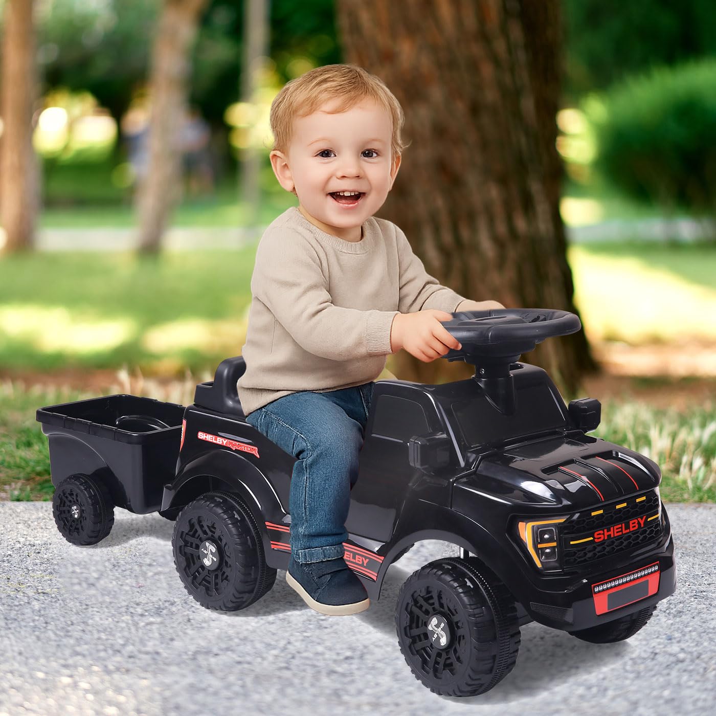 JAMARA 464068 Shelby Ford F-150 Raptor z przyczepą, samochód dla dzieci od 12 miesięcy, samochód dla dzieci od 12 miesięcy, zabawka zjeżdżalnia, pomysł na prezent dla dzieci, klakson, ochrona przed