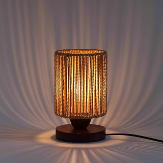 Boho Rattan Table Lamp for Bedroom - Handwoven 8.6" Small Bedside Nightstand Lamp with Warm LED Bulb & Wood Base for Nursery, Dorm