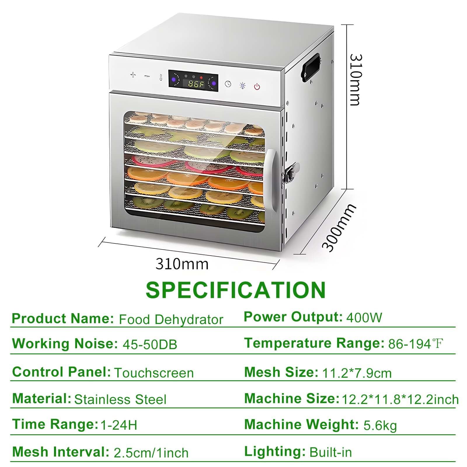 Essiccatore per Alimenti A 8 Vassoi con Spazio di Essiccazione di 16,5 Cm - Temperatura Regolabile Fino A 90 °C per Carne Secca, Snack per Cani, Erbe Aromatiche, Carne, Frutta E Yogurt 8Plates