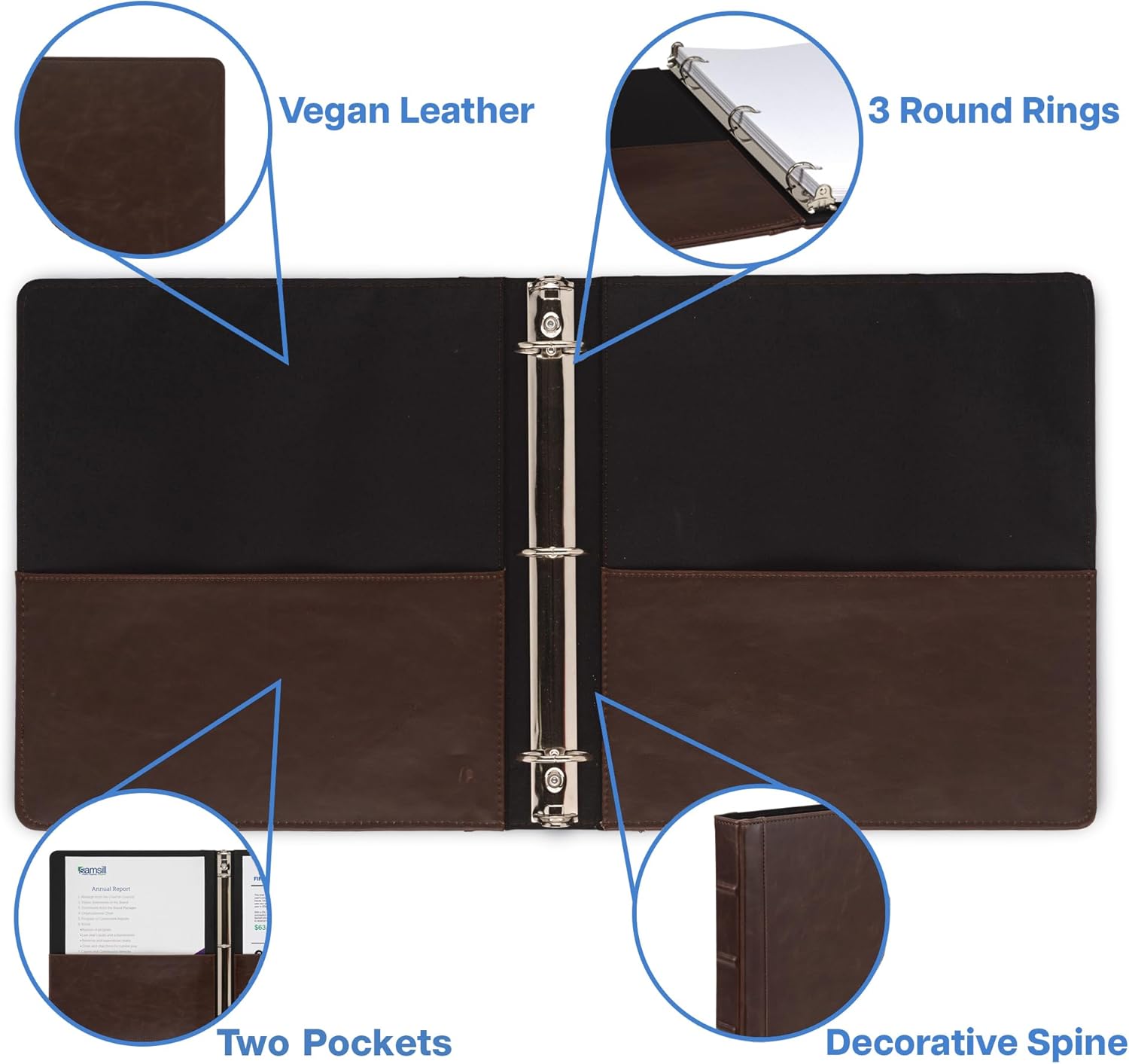 Samsill Vintage Leather Binder, 1.5 Inch Round Ring (Holds 325 Sheets), Letter Size 8.5x11 Documents, Professional Organizer Portfolio, Planner, No Zipper, Brown