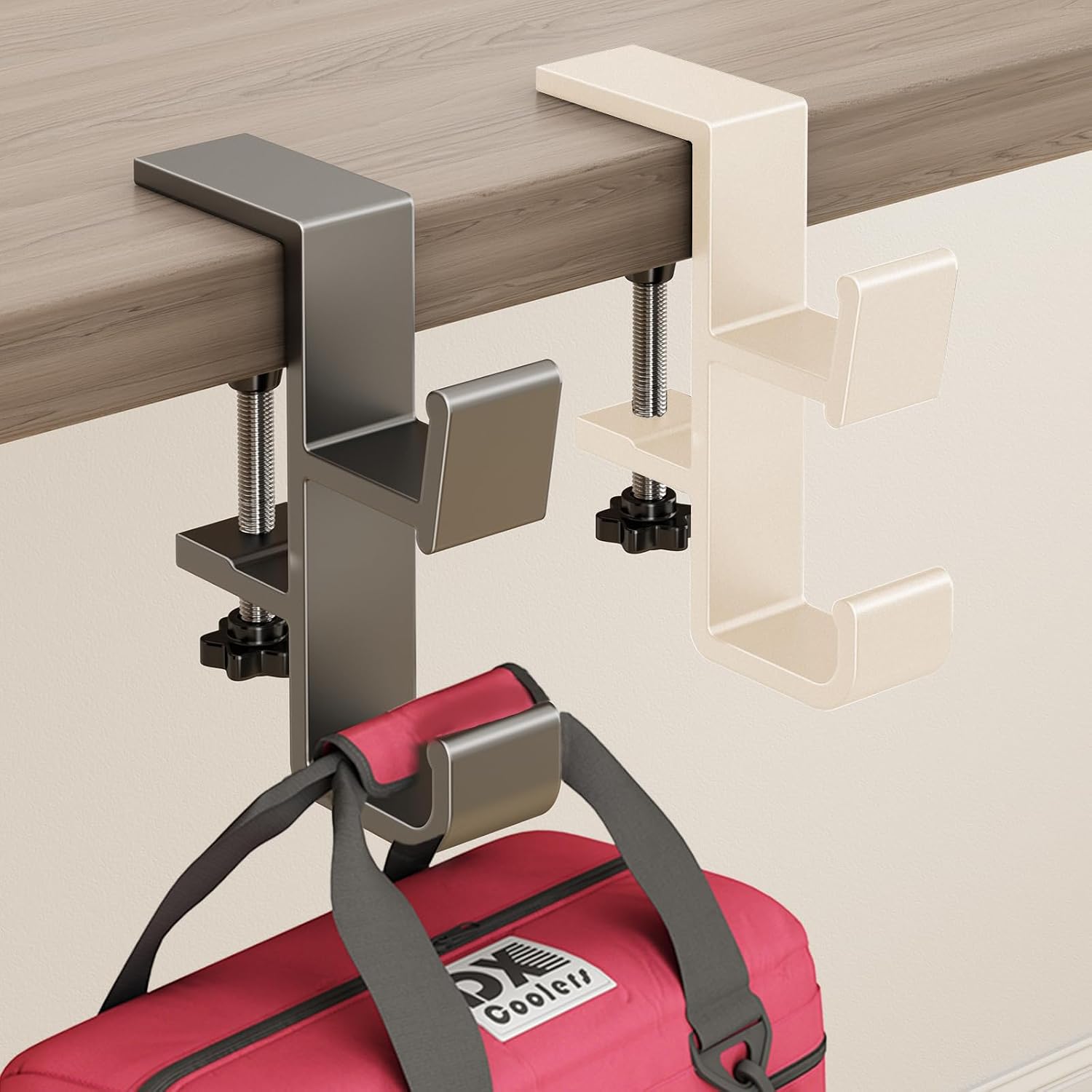2 Pack Desk Hook for Bag, Under Desk Handbag Hanger, Cream+Gray