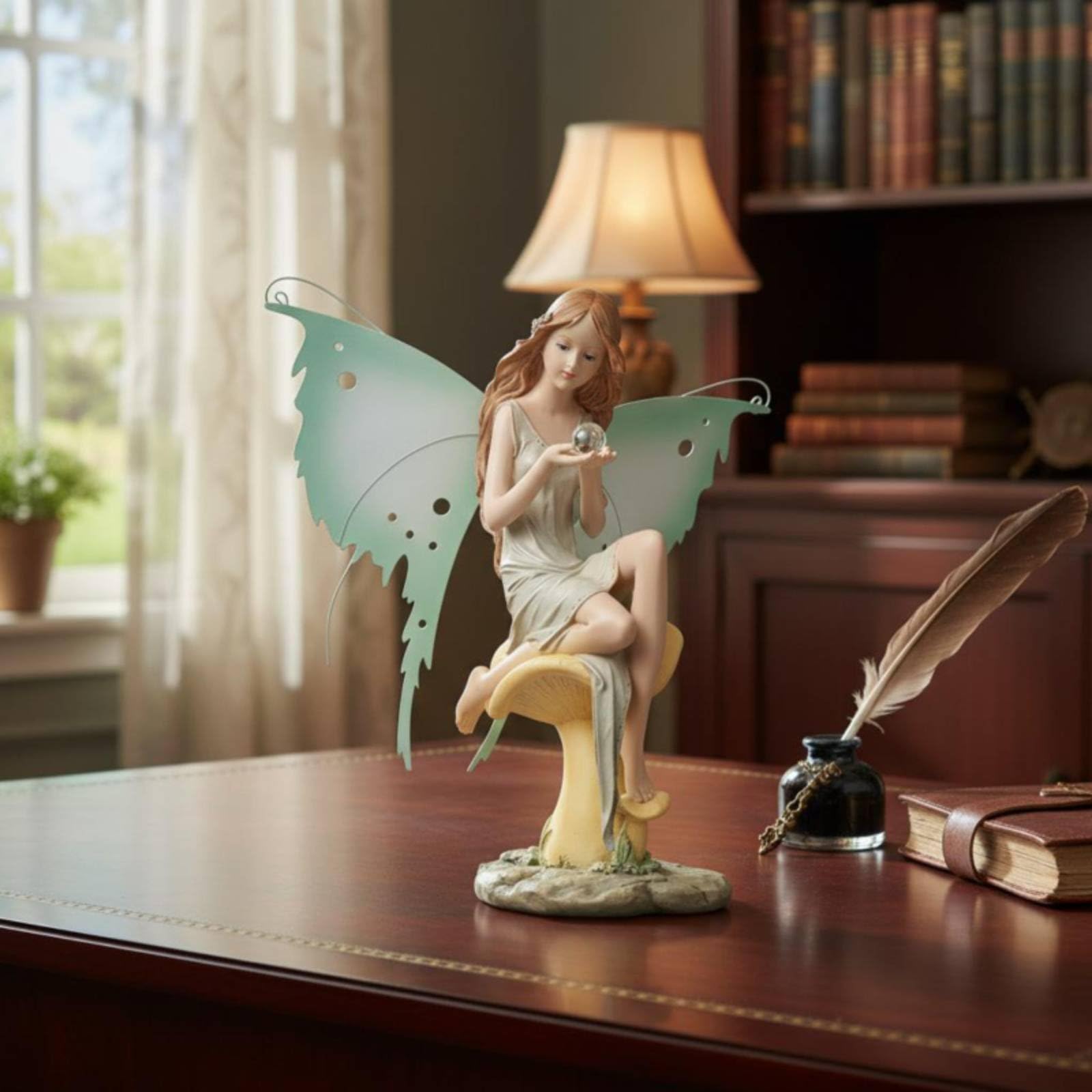 Ángel Figura Decorativa Estatua Hada Escultura de Jardín en Resina Sintética con Detalladas y Bola Cristalina Adecuado para Regalo Oficina Estudio Sala de Estar, Mirando Abajo