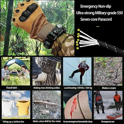 Miniatura 4 de Pulsera de paracaídas de supervivencia, iniciador de fuego, luz SOS impermeable, brújula, silbato, ajustable AK87 20 en 1, juego de equipo de