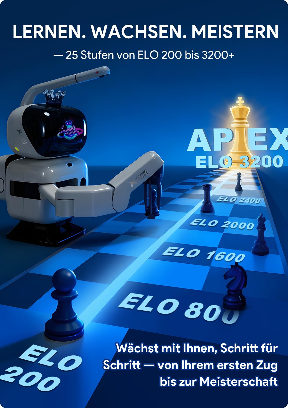 Sense Robot Schachroboter mit KI & Roboterarm – 25 KI-Stufen, 1200+ Übungen, Endspieltrainer, Spielwiederholung, Sprach-Coaching, Lichess-Anbindung, App-Sync, Für alle Spielstärken