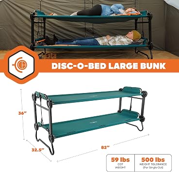 Disc-O-Bed Portable Cam-O-Bunk Bed Large 2 Adult Sleeping Cot for Camping, Green
