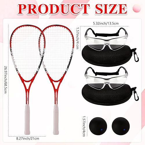 Miniatura 2 de Paquete de 2 raquetas de squash para principiantes, incluye raquetas con bolsas de raqueta, fundas antivaho para gafas, bola de punto azul,