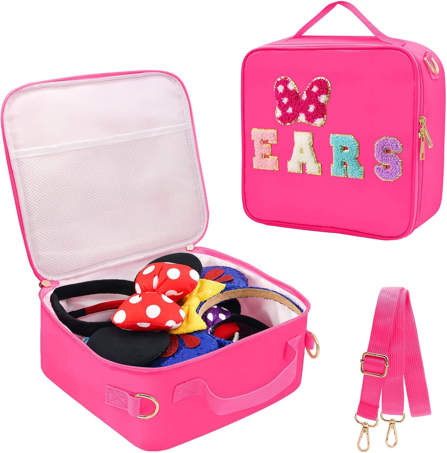 Chenille Letter Bow Mouse Ears Travel Case, Park Ears Headband Holder Hair Accessories Organizer Waterproof Bag for Girls Women Kids Adults, Large Makeup Bag Snack Bags with Zipper for Travel Picnic