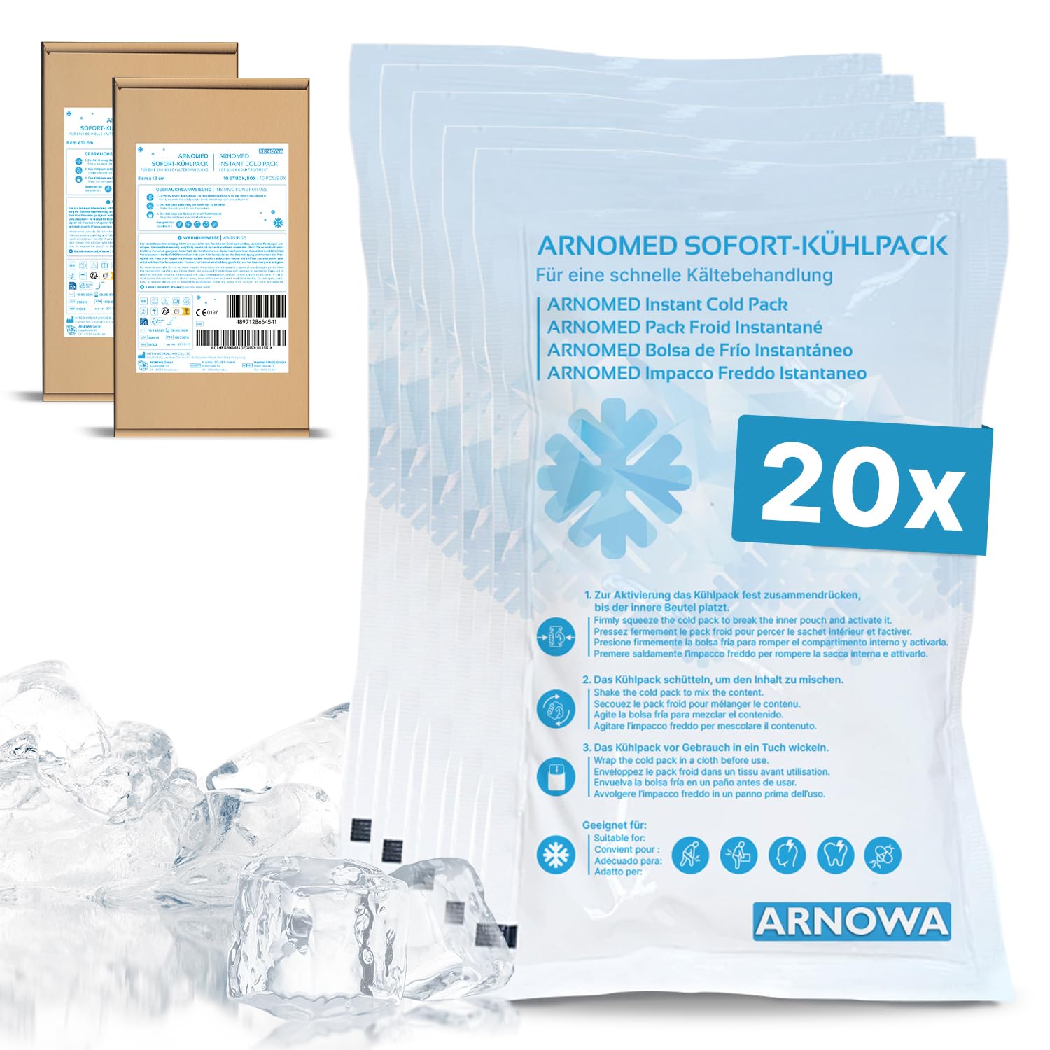 ARNOMED® Einweg Sofort Kühlpads, Direkt Kühlpack zum Knicken, Instant Cold Packs für Schwellungen & Verletzungen, Einweg Kältekompressen für Sport & Erste Hilfe, Coolpack