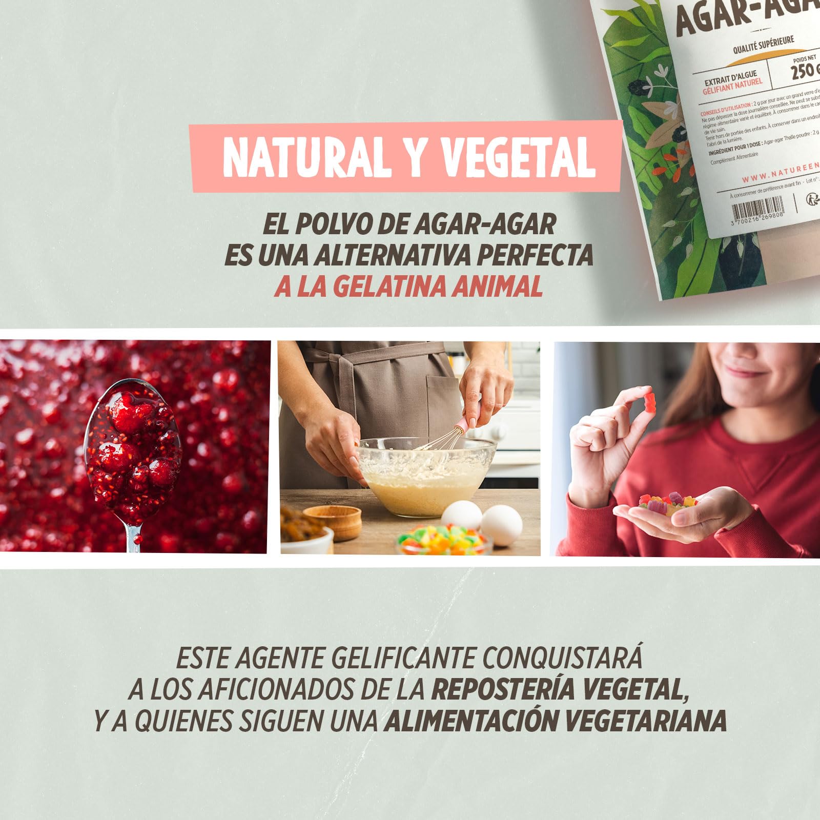 Agar-agar en polvo 250 g - Natureen - Producto natural - para cocinar, sustituto vegano de la gelatina