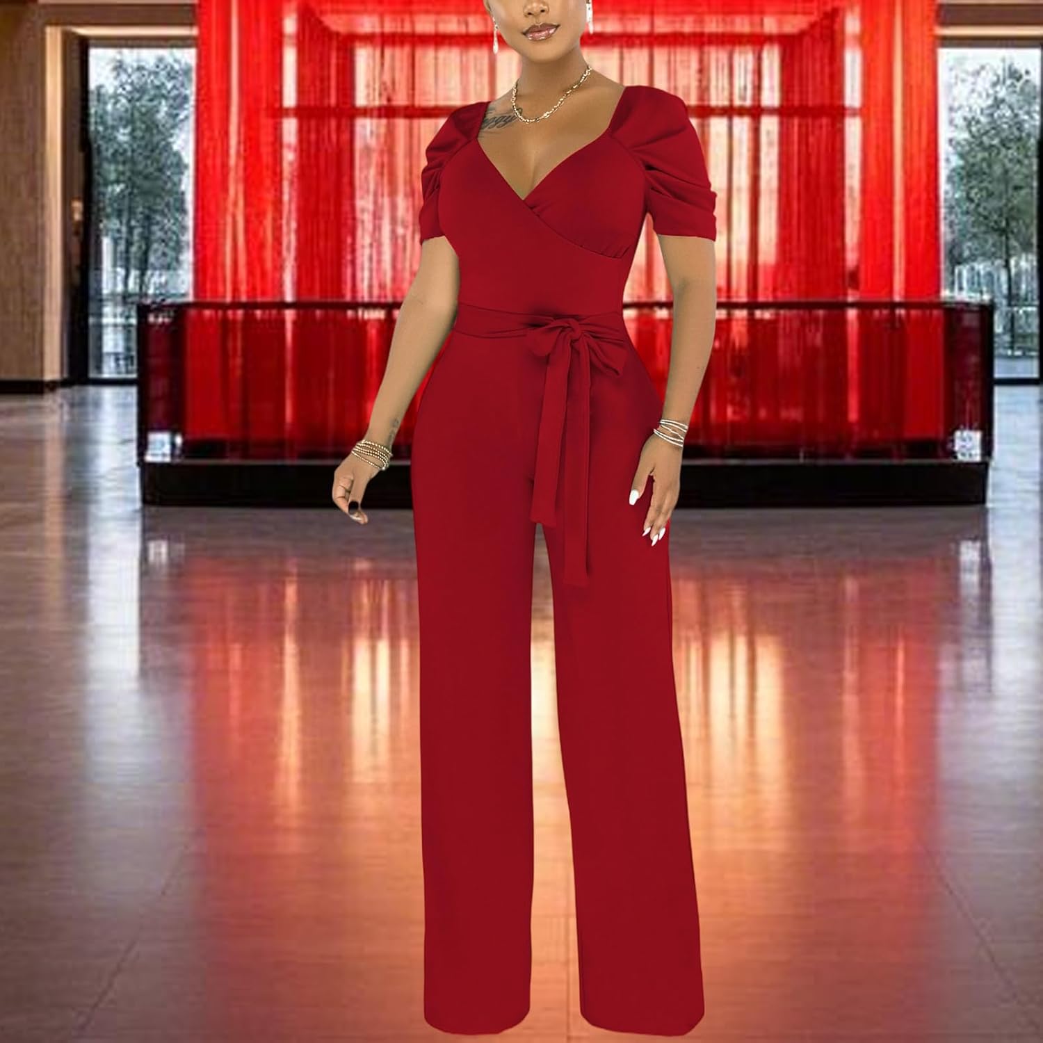 PaladMom Womens Elegant Plus Size Jumpsuits Sexy Back zipper Short Sleeve Mid Waist Wide Leg Straight Rompers - Image 4